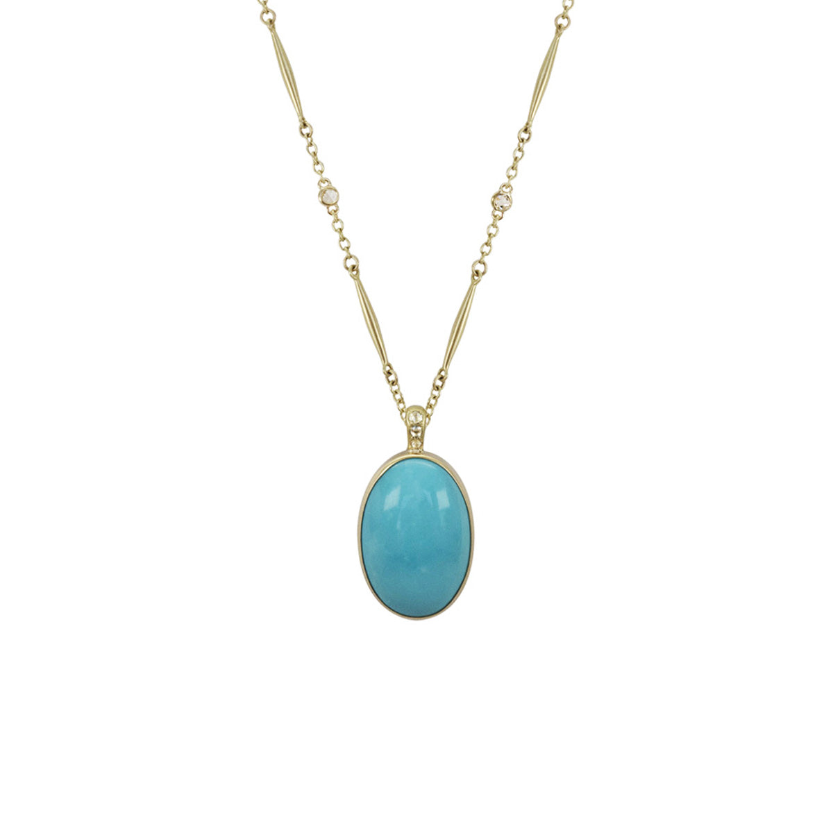 18K Gold Sleeping Beauty Turquoise Pendant on a Lure chain with Rose Cut Diamonds