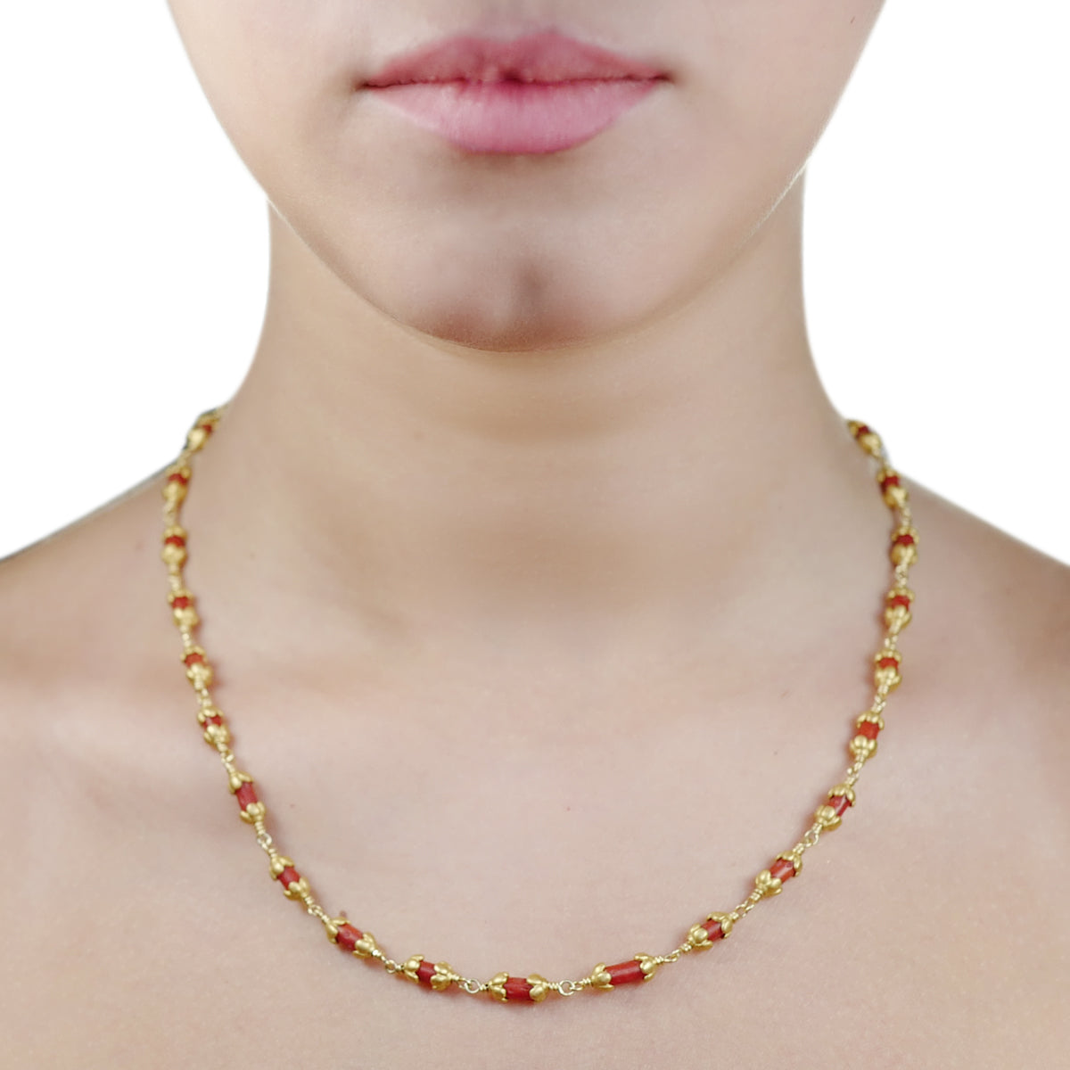 Vintage Coral Bead Necklace with 22K Gold Flower Caps