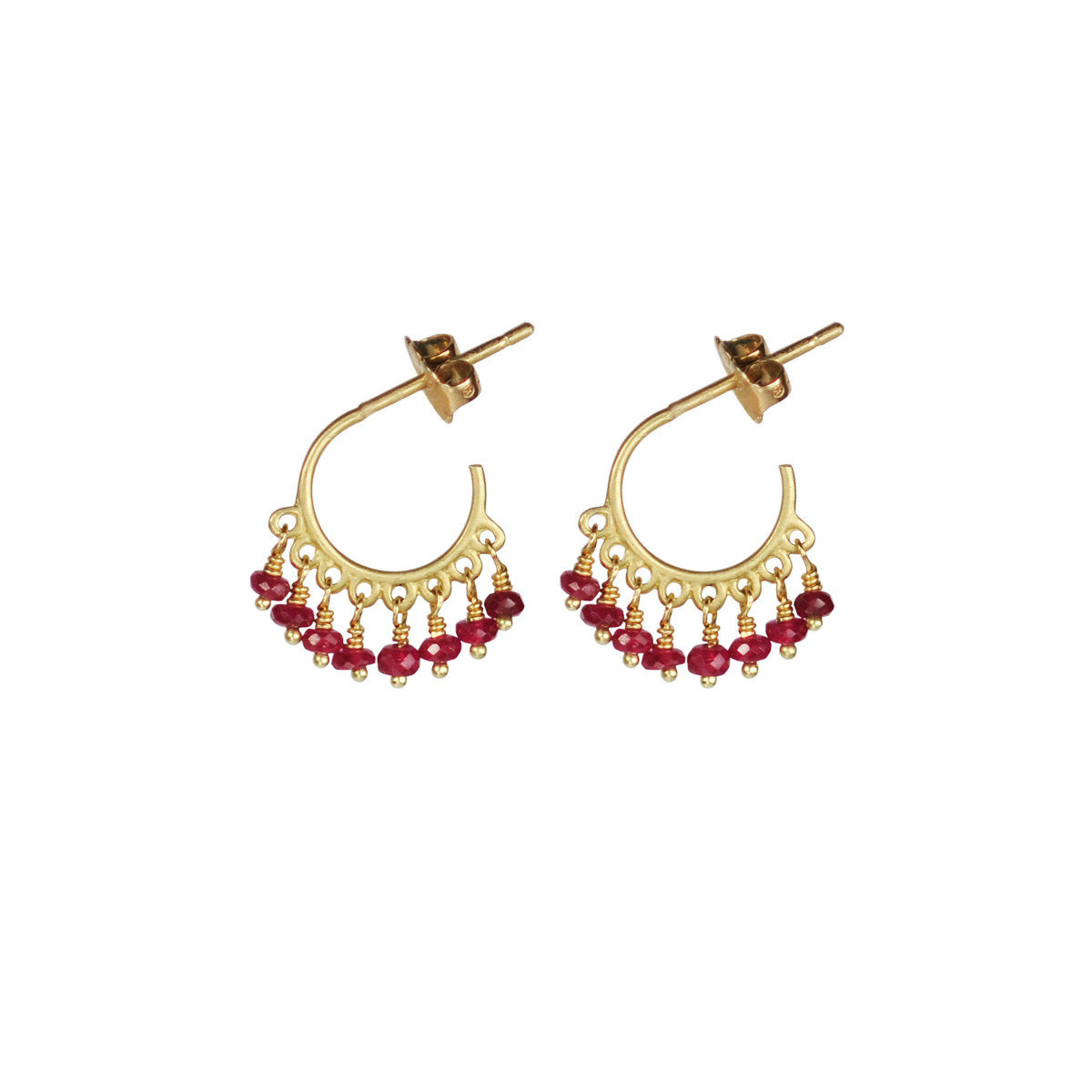 18K Gold Small Fine Ruby Beaded Hoop Earrings