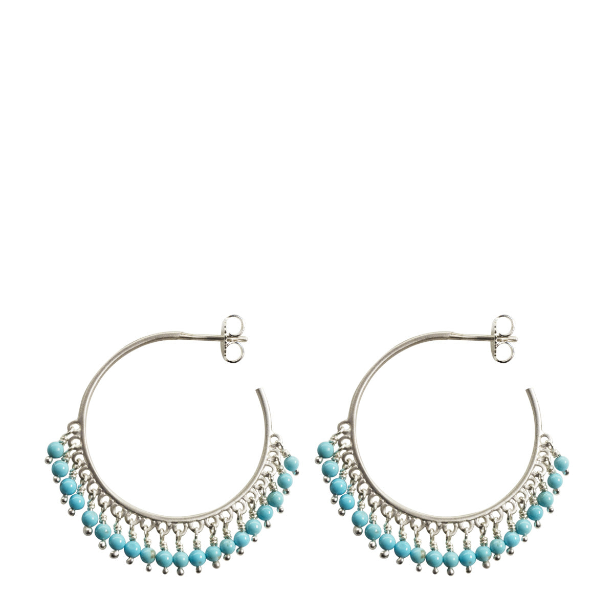 Sterling Silver Medium Fine Turquoise Beaded Hoop Earrings