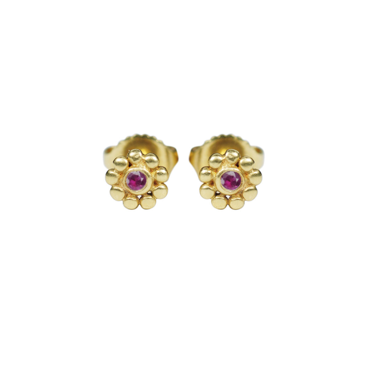 18K Gold Tiny Java Flower Stud Earrings with Rubies