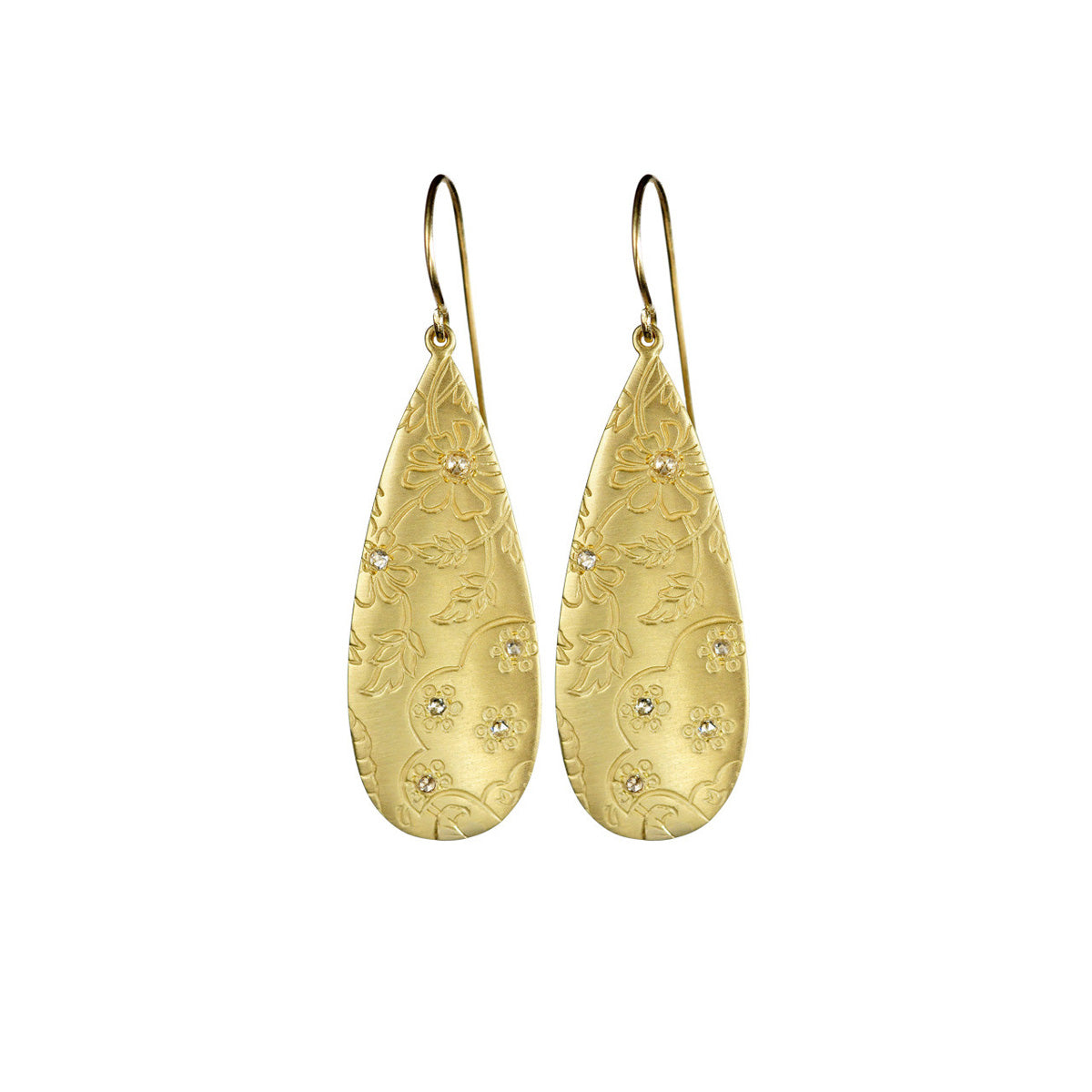 18K Gold Slim Teardrop Paisley Earrings with Diamonds