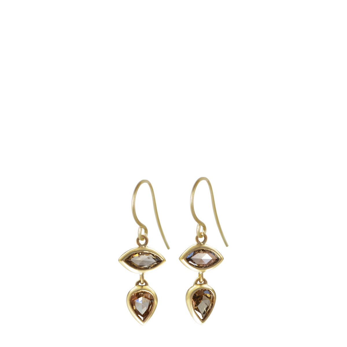 18K Gold 2.23 Carat Natural Cognac Rose Cut Double Diamond Drop Earrings