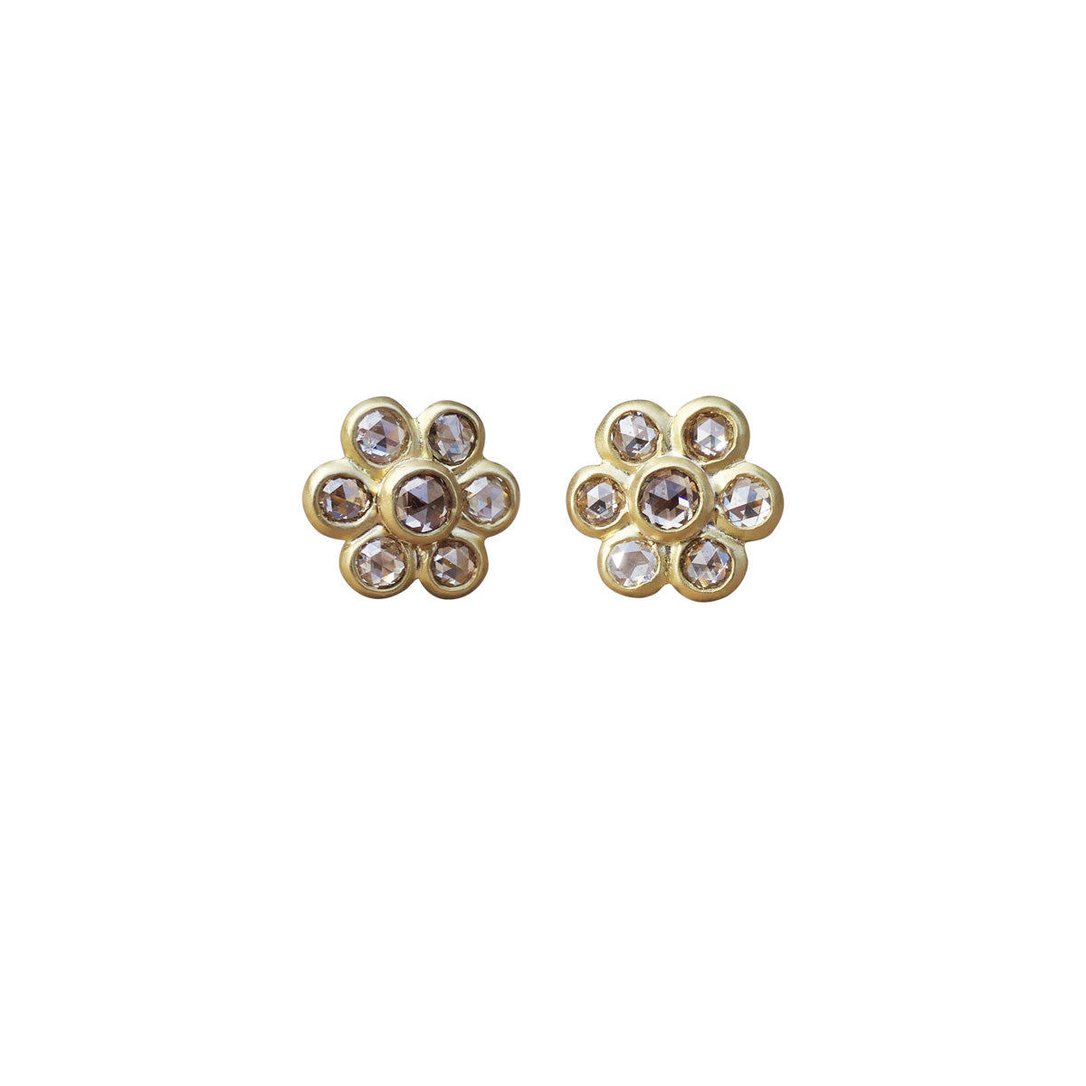0.93 ct. "Daisy Flower" Natural Brown Rose Cut Diamond Stud Earrings in 18K Gold