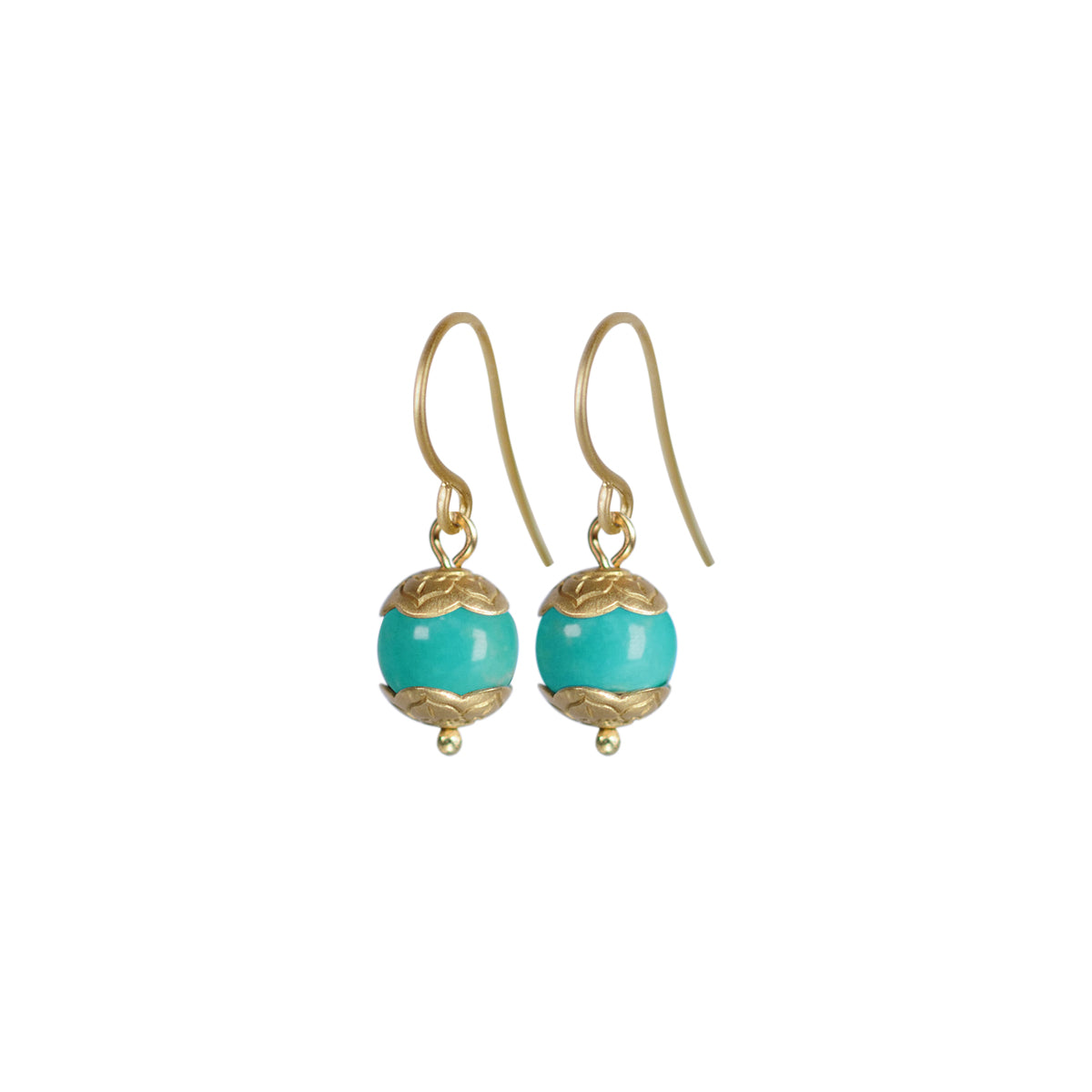 22K Gold Sleeping Beauty Turquoise Bead Earrings with Flower Caps