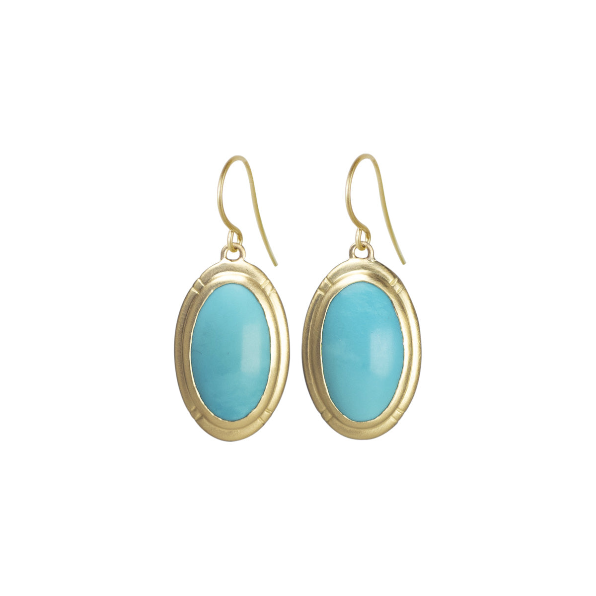 Medium Etched Oval Sleeping Beauty Turquoise Drop Earrings in 18K