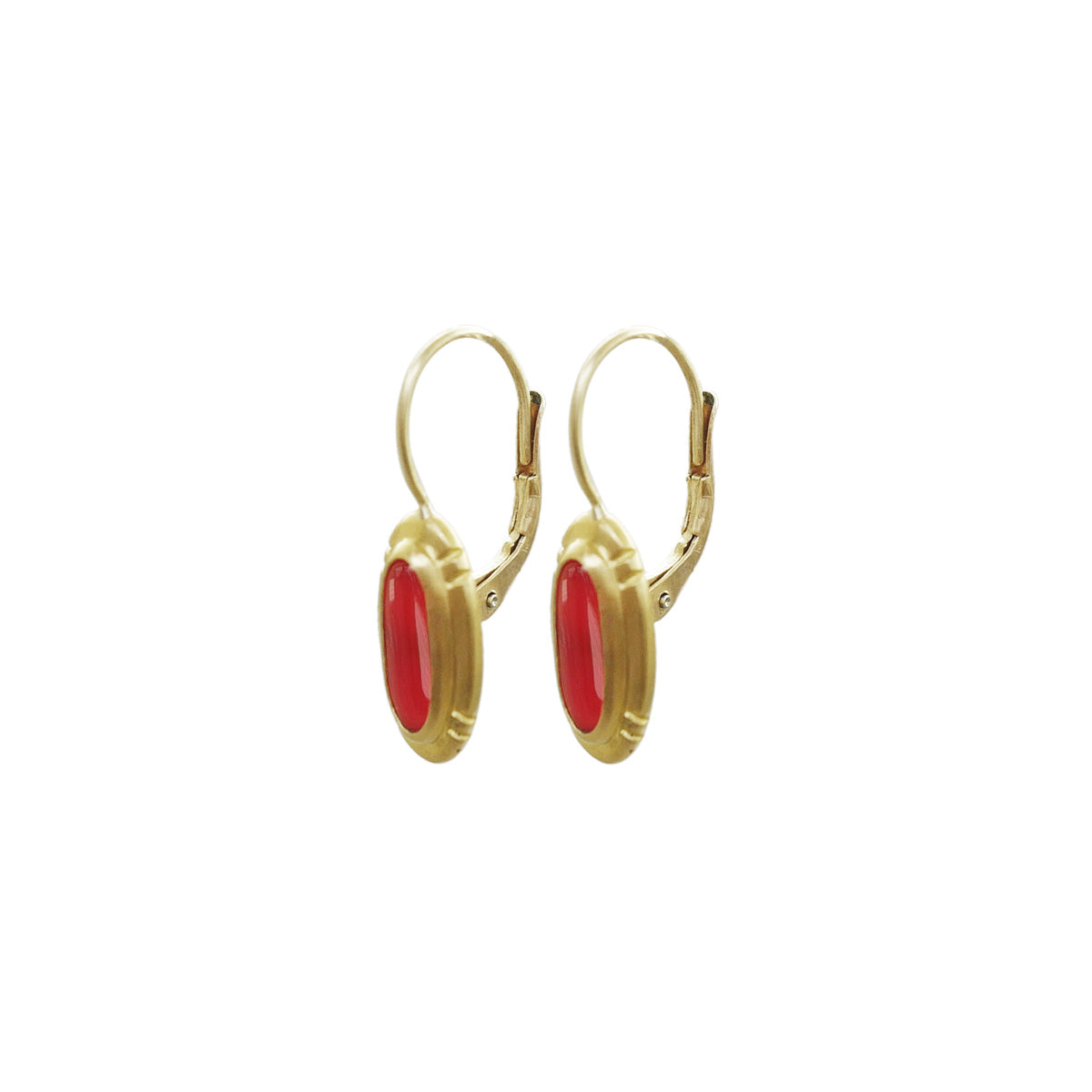 Small Etched Oval Vintage Oxblood Coral Earrings in 22K Gold