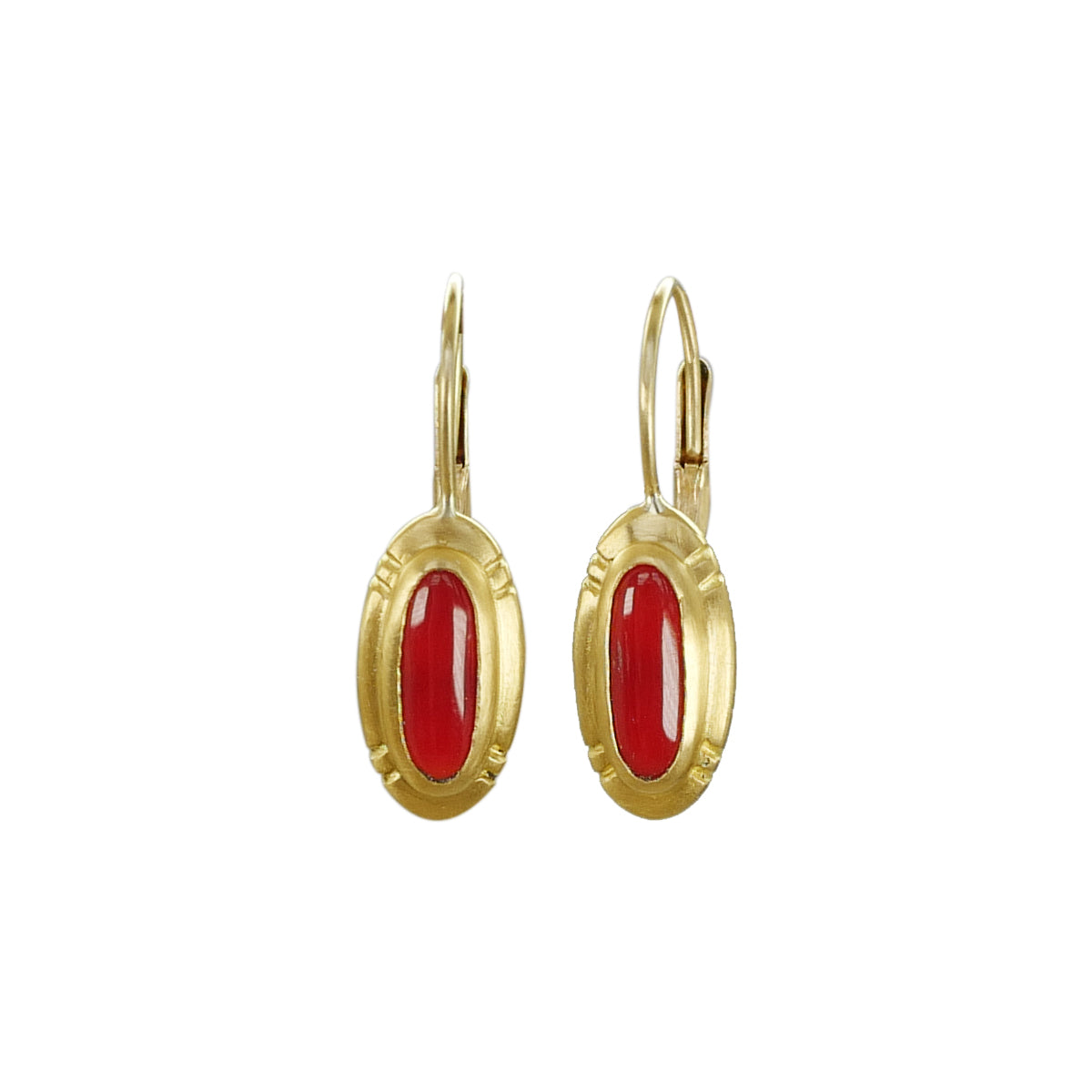 Small Etched Oval Vintage Oxblood Coral Earrings in 22K Gold