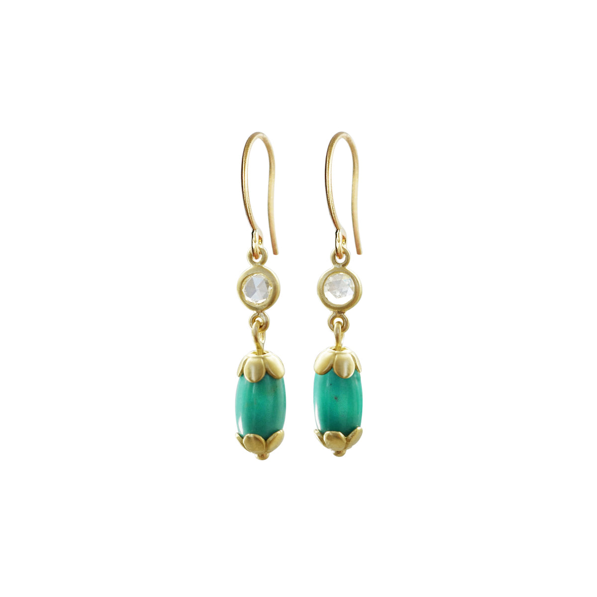 18K Gold Persian Turquoise & Rose Cut Diamond Drop Earrings