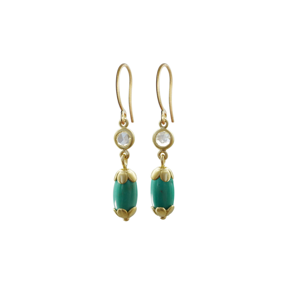 18K Gold Persian Turquoise & Rose Cut Diamond Drop Earrings