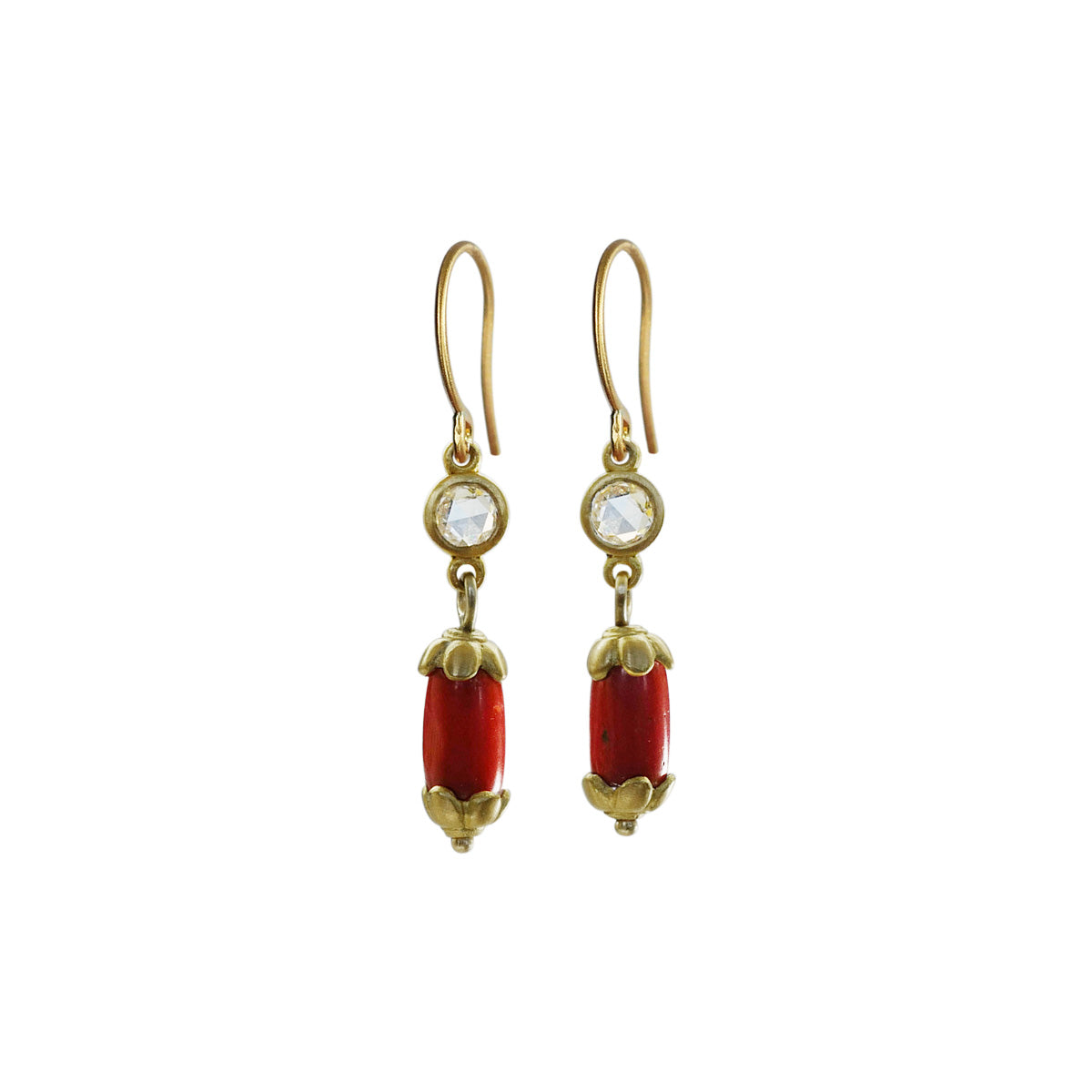 22K Gold Oxblood Coral & Rose Cut Diamond Drop Earrings