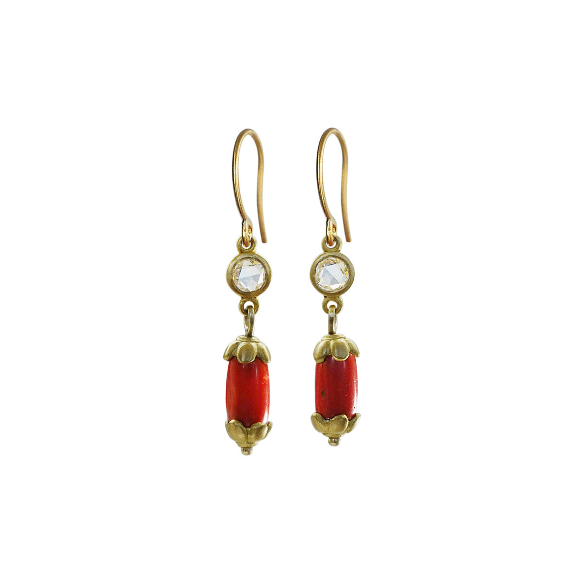 22K Gold Oxblood Coral & Rose Cut Diamond Drop Earrings