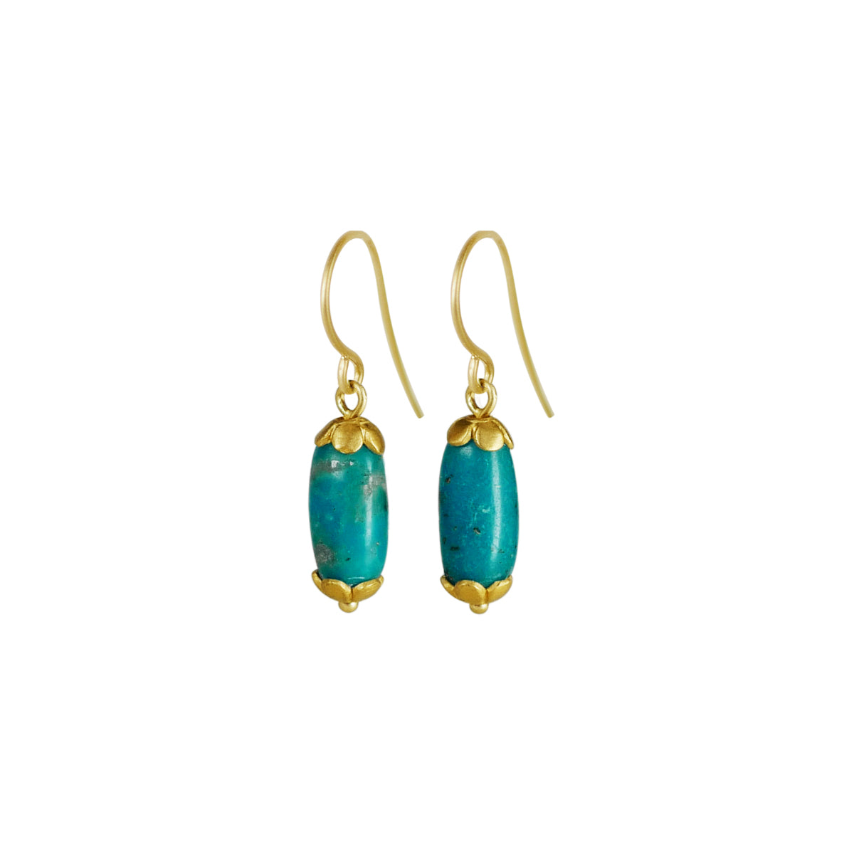 22K Gold Persian Turquoise Bead Earrings with Tiny Flower Caps