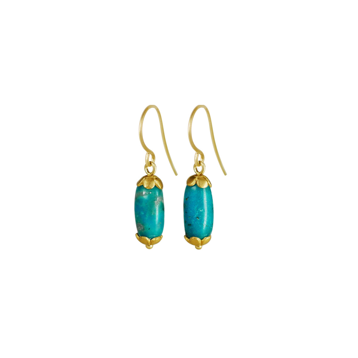 22K Gold Persian Turquoise Bead Earrings with Tiny Flower Caps