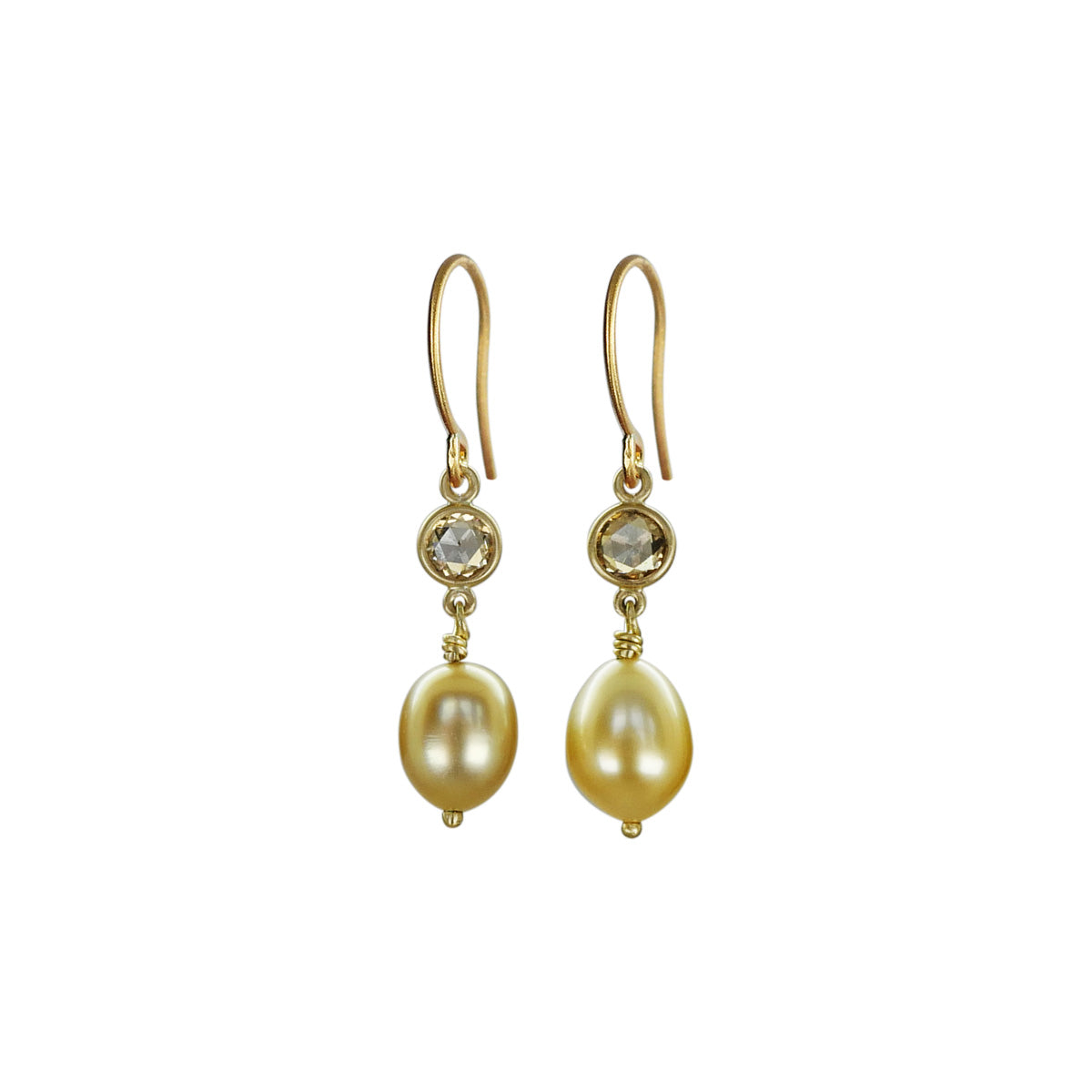 Golden South Sea Keshi Pearl Earrings with Brown Rose Cut Diamonds in 18K Gold
