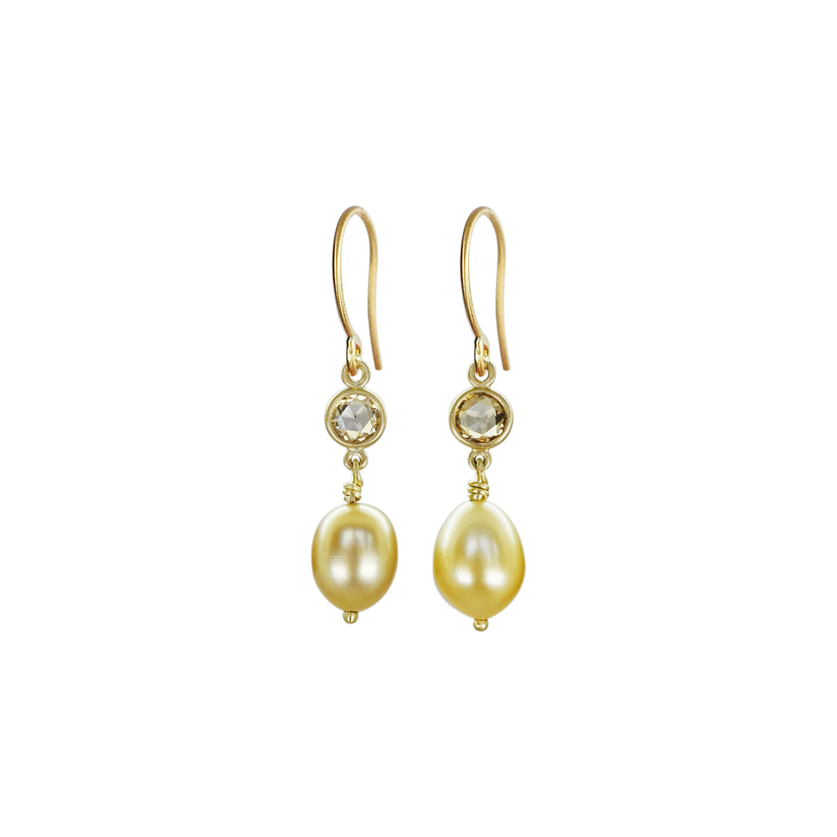 Golden South Sea Keshi Pearl Earrings with Brown Rose Cut Diamonds in 18K Gold