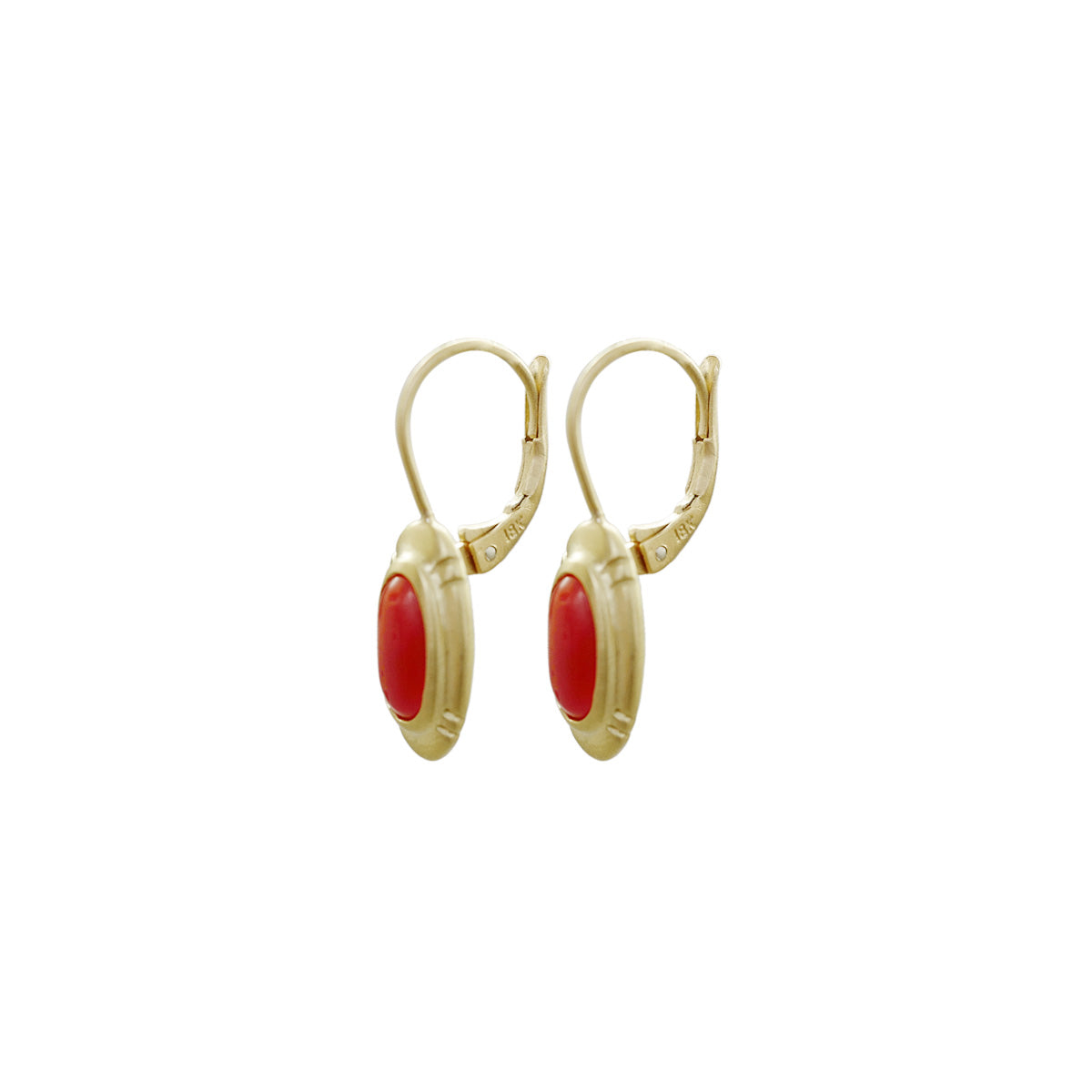 Small Etched Oval Vintage Oxblood Coral Earrings in 18K Gold