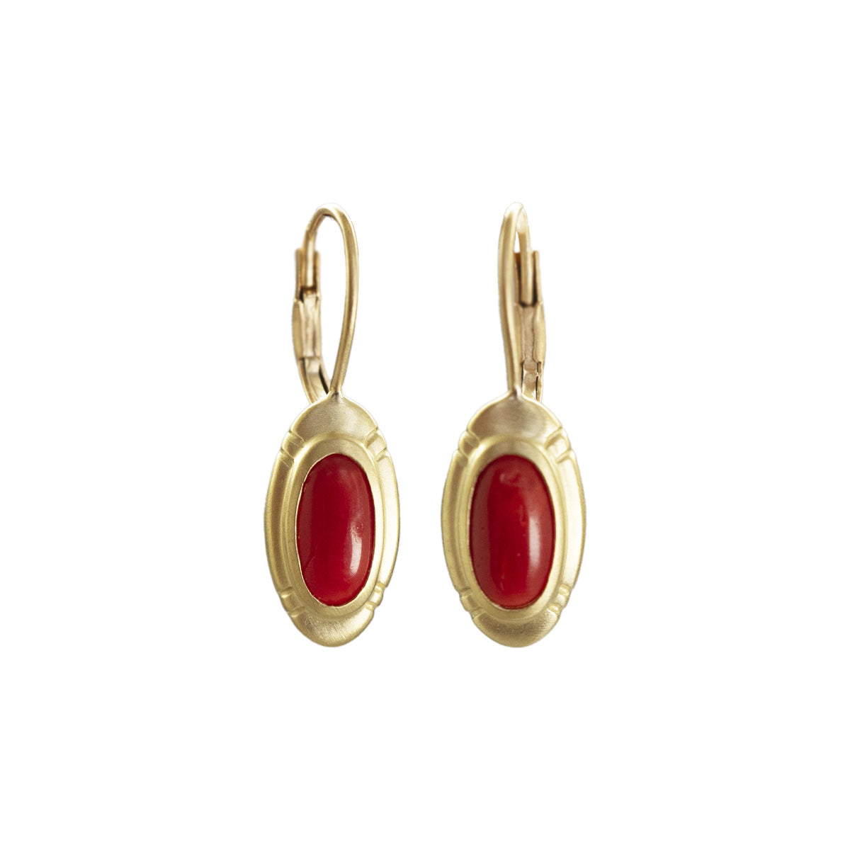 Small Etched Oval Vintage Oxblood Coral Earrings in 18K Gold