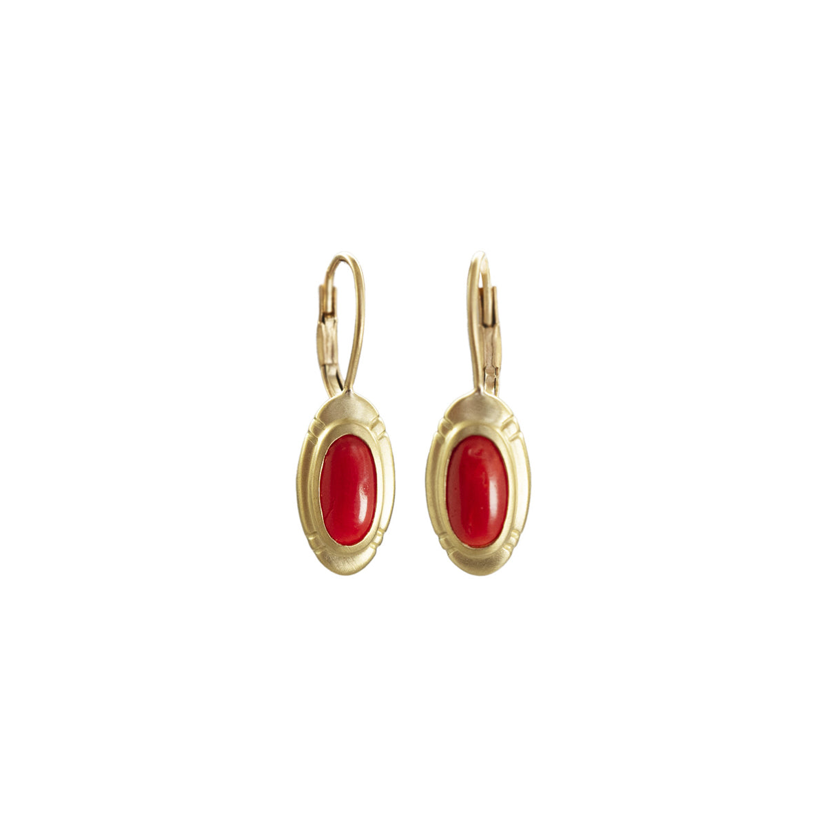 Small Etched Oval Vintage Oxblood Coral Earrings in 18K Gold