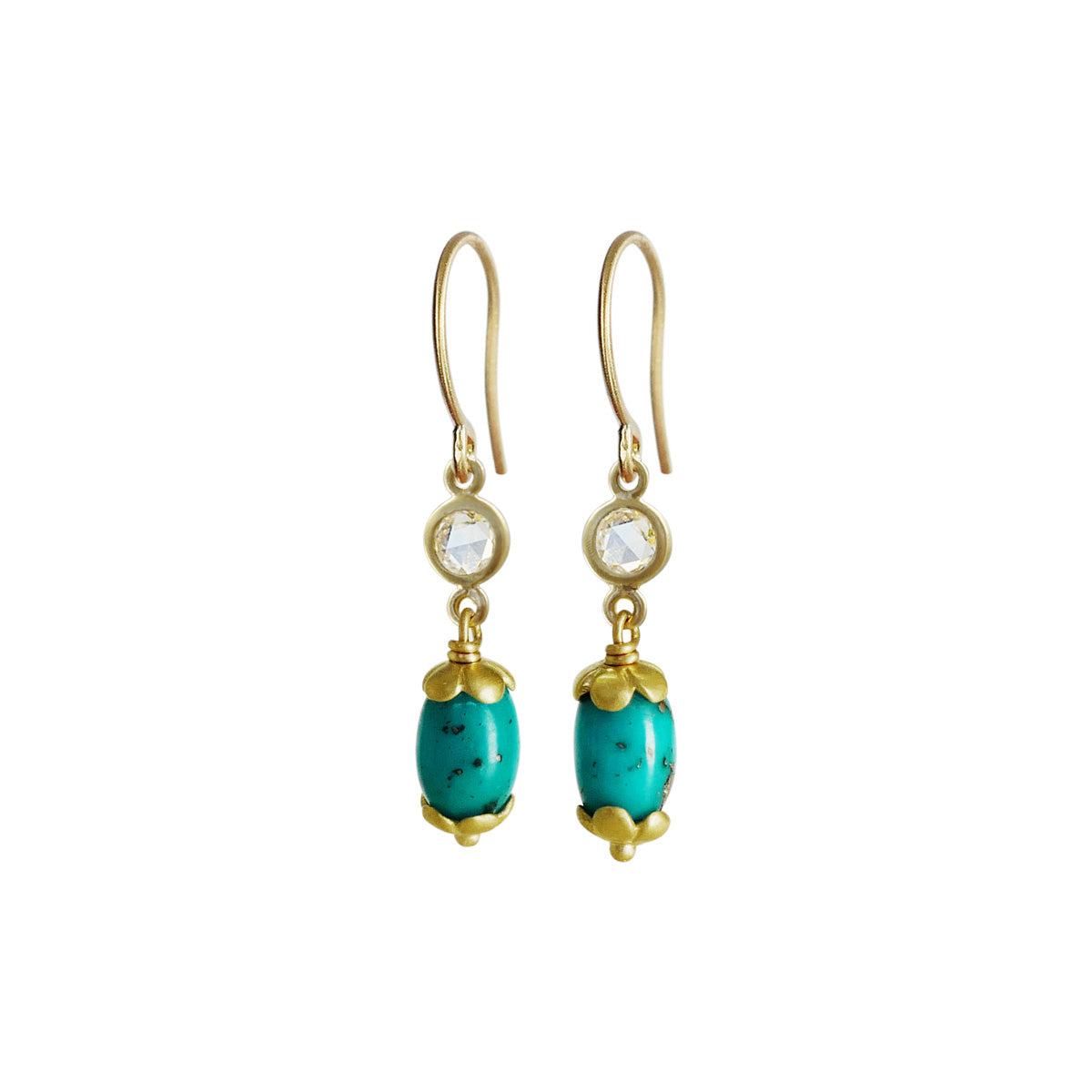 18K Gold Persian Turquoise & Rose Cut Diamond Drop Earrings