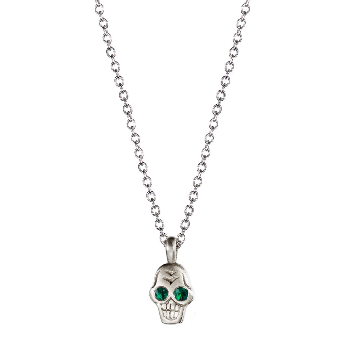 Sterling Silver Tiny Skull Pendant with Emerald Eyes