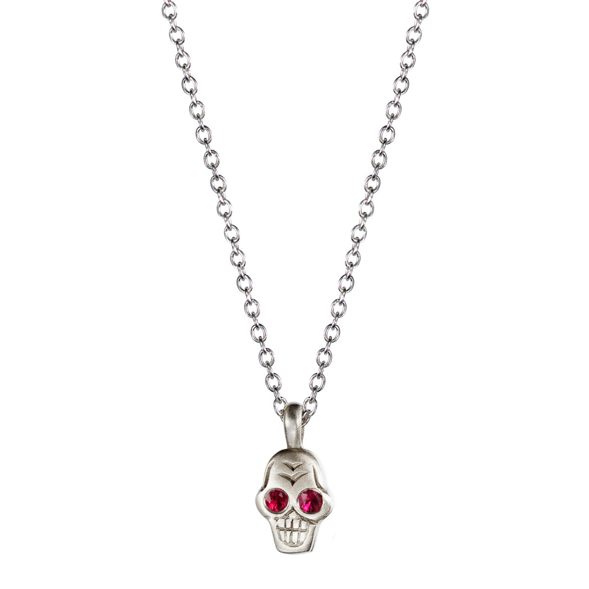 Sterling Silver Tiny Skull Pendant with Ruby Eyes