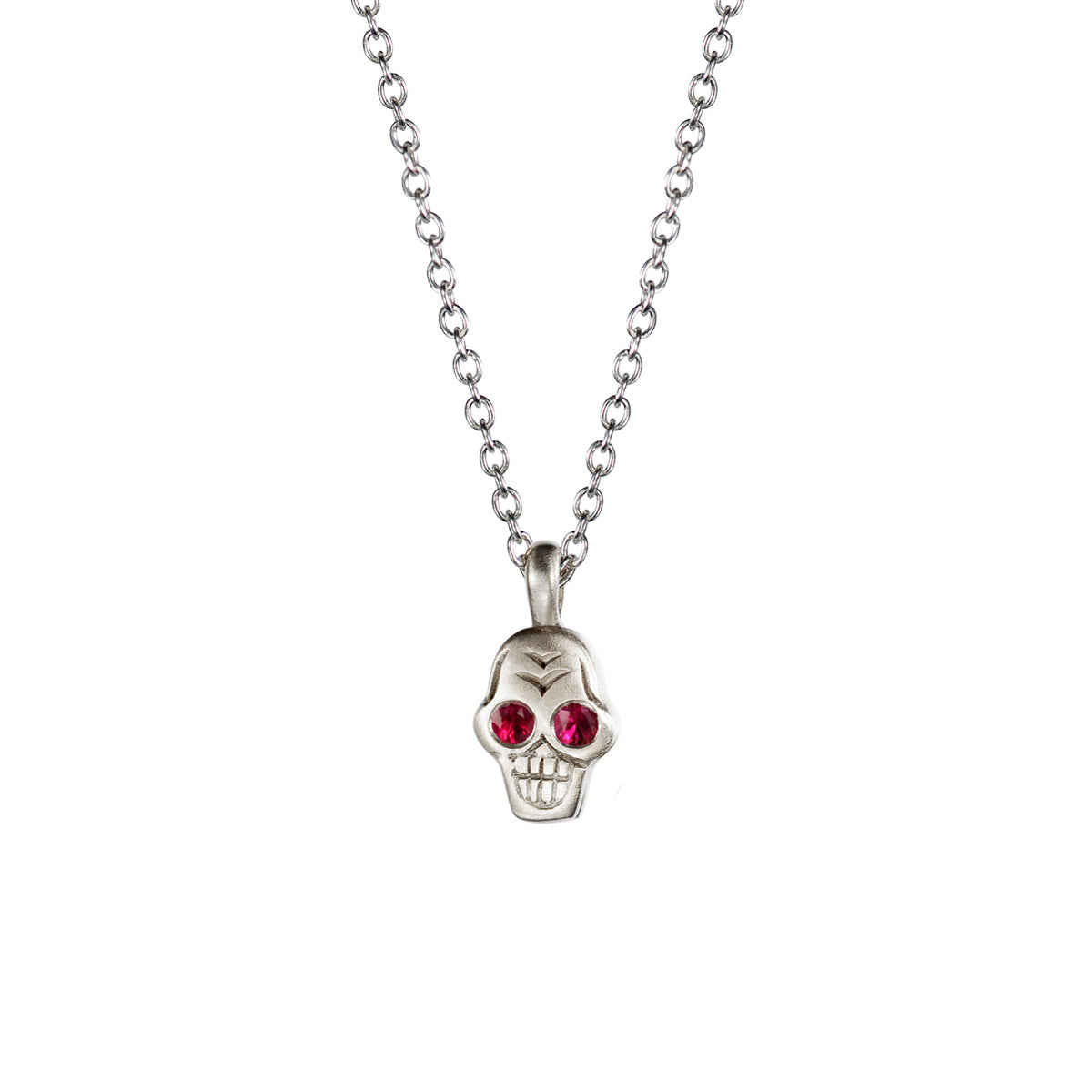Sterling Silver Tiny Skull Pendant with Ruby Eyes