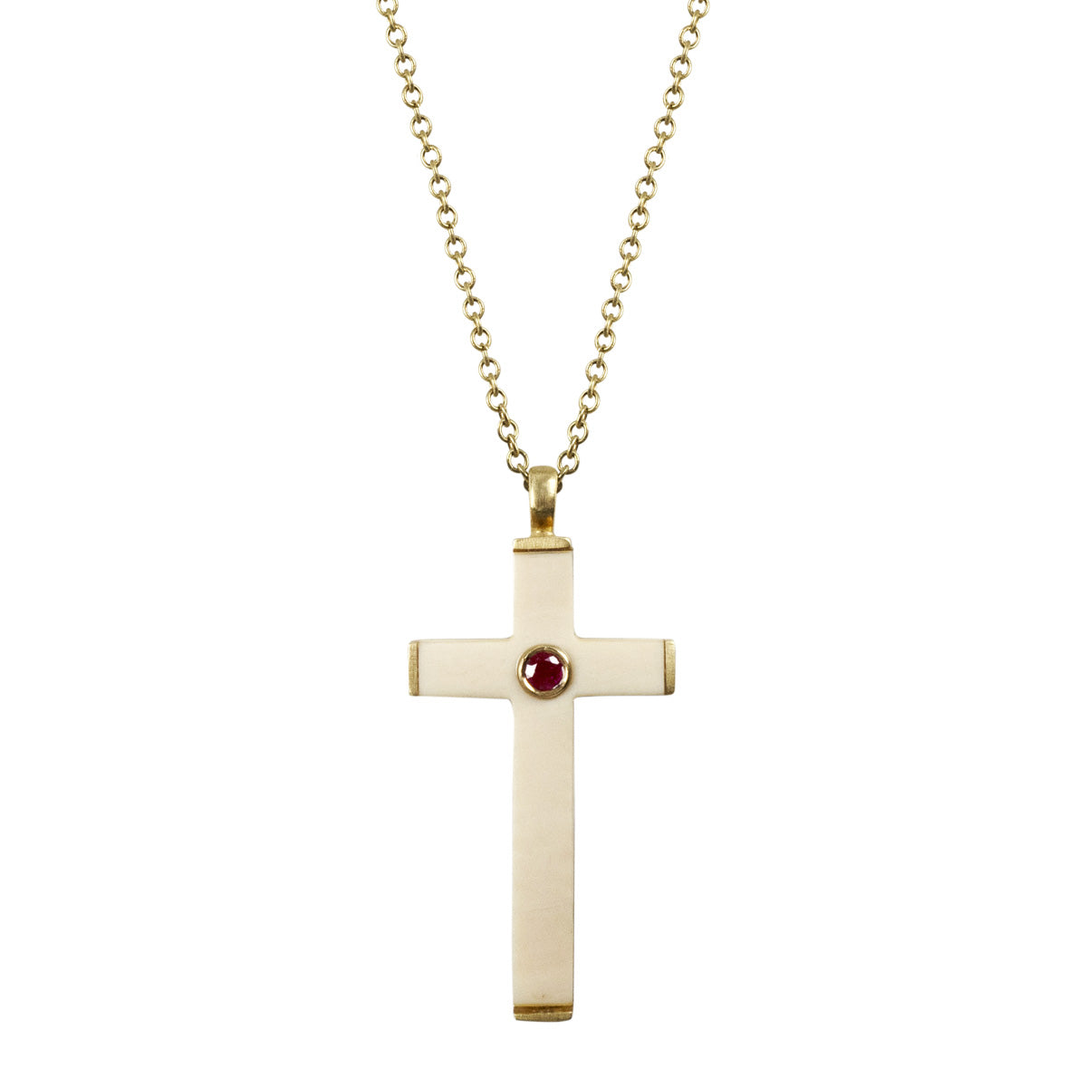 18K Gold Fossilized Mammoth Ivory Cross Pendant with Ruby