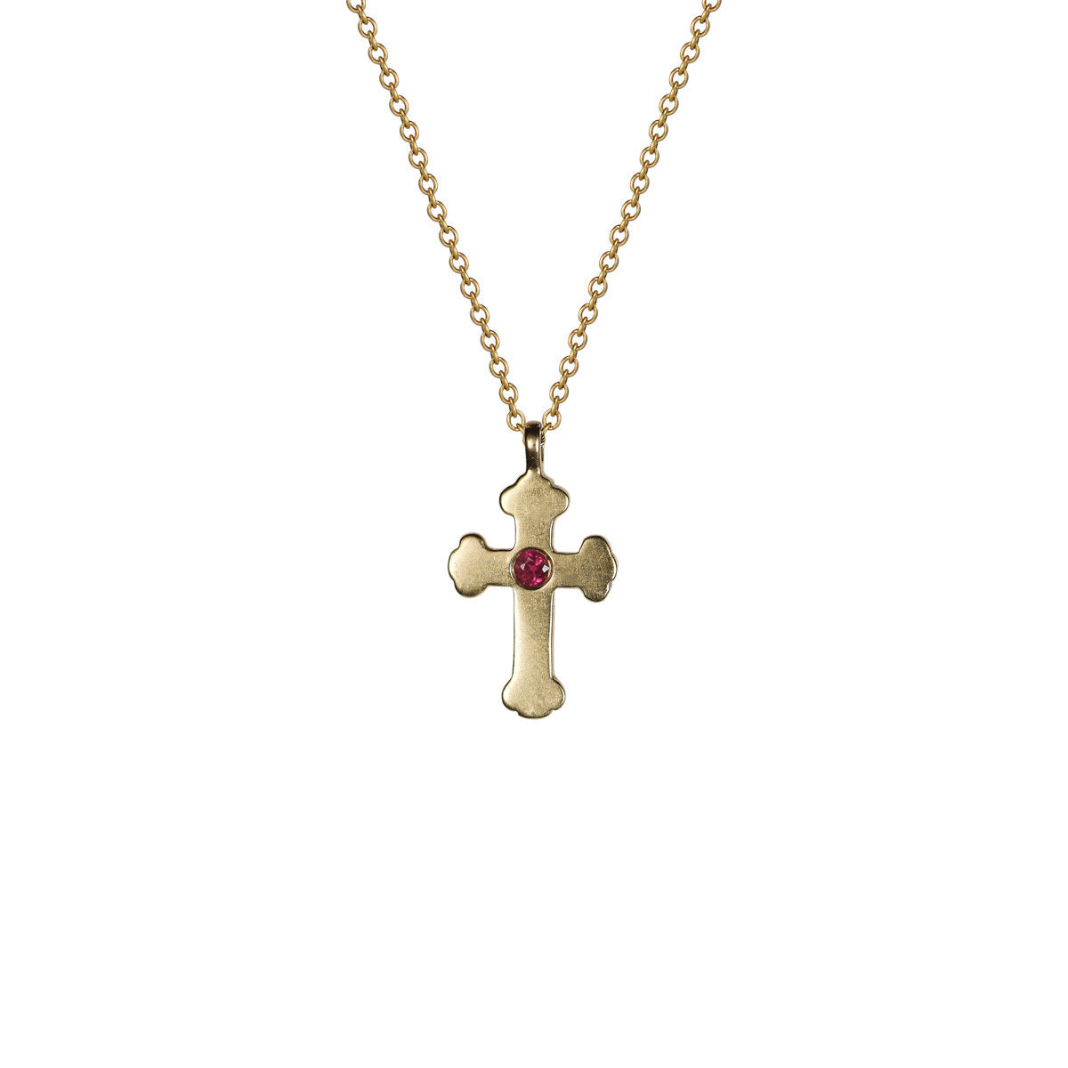 18K Gold Rosary Cross Pendant with Ruby