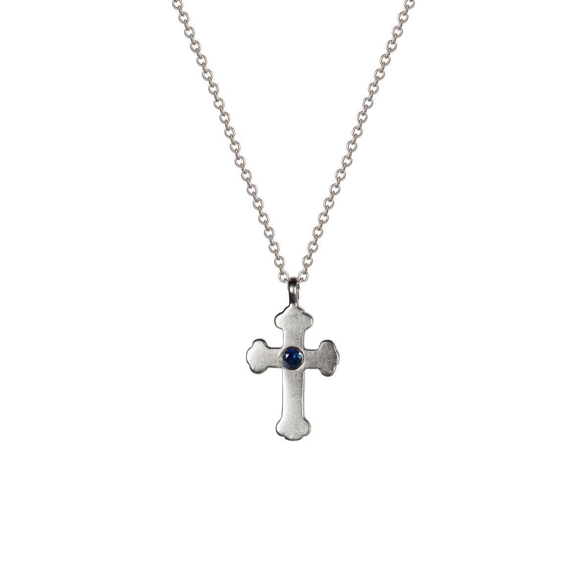 Sterling Silver Rosary Cross Pendant with Blue Sapphire