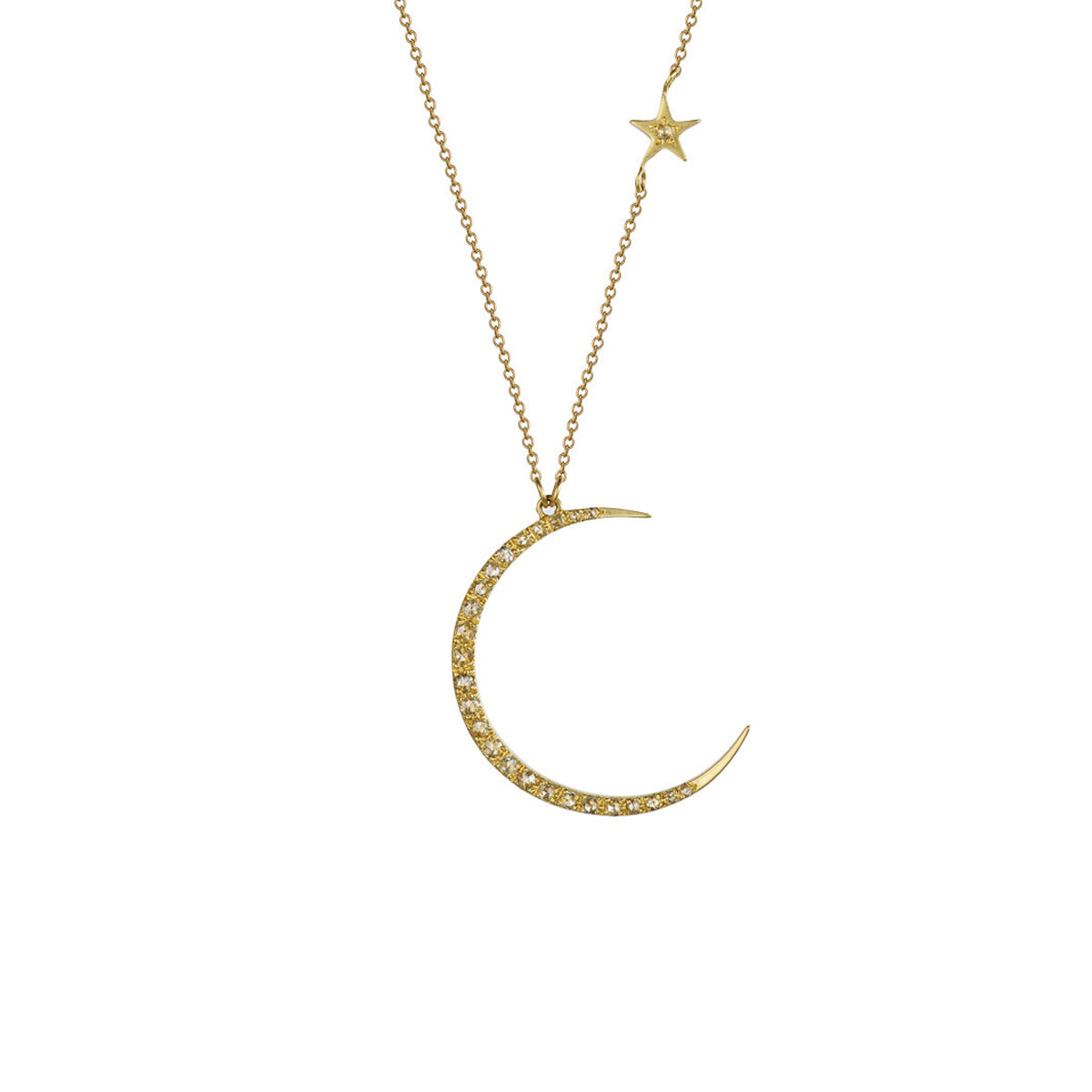 18K Gold Crescent Moon & Star Pendant with Diamonds