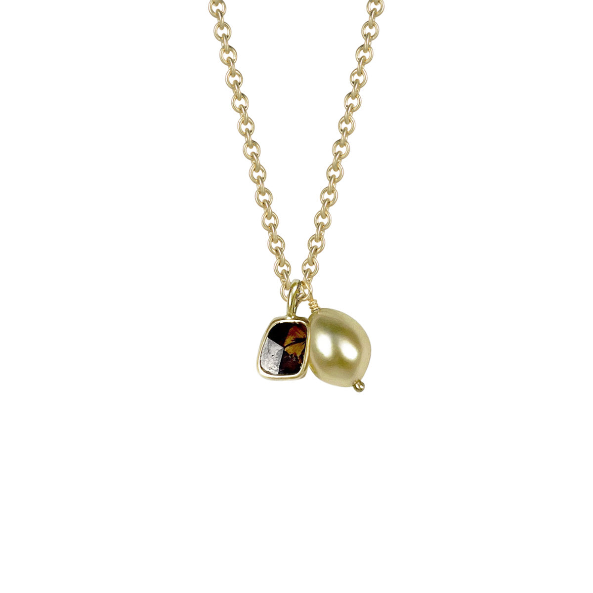 18K Gold Natural Square Diamond Slice and Golden South Sea Keshi Pearl Pendant