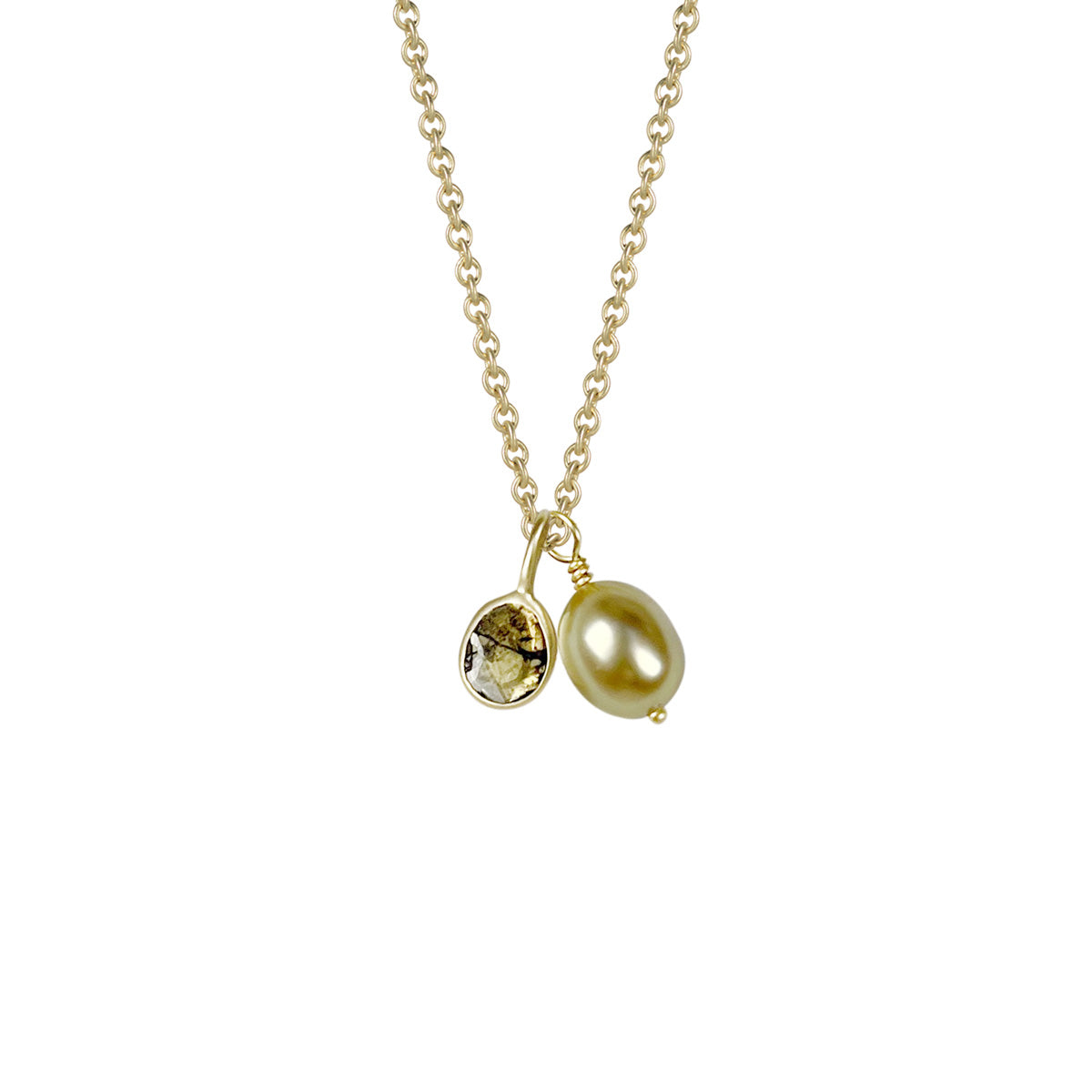 18K Gold Natural Round Diamond Slice and Golden South Sea Keshi Pearl Pendant
