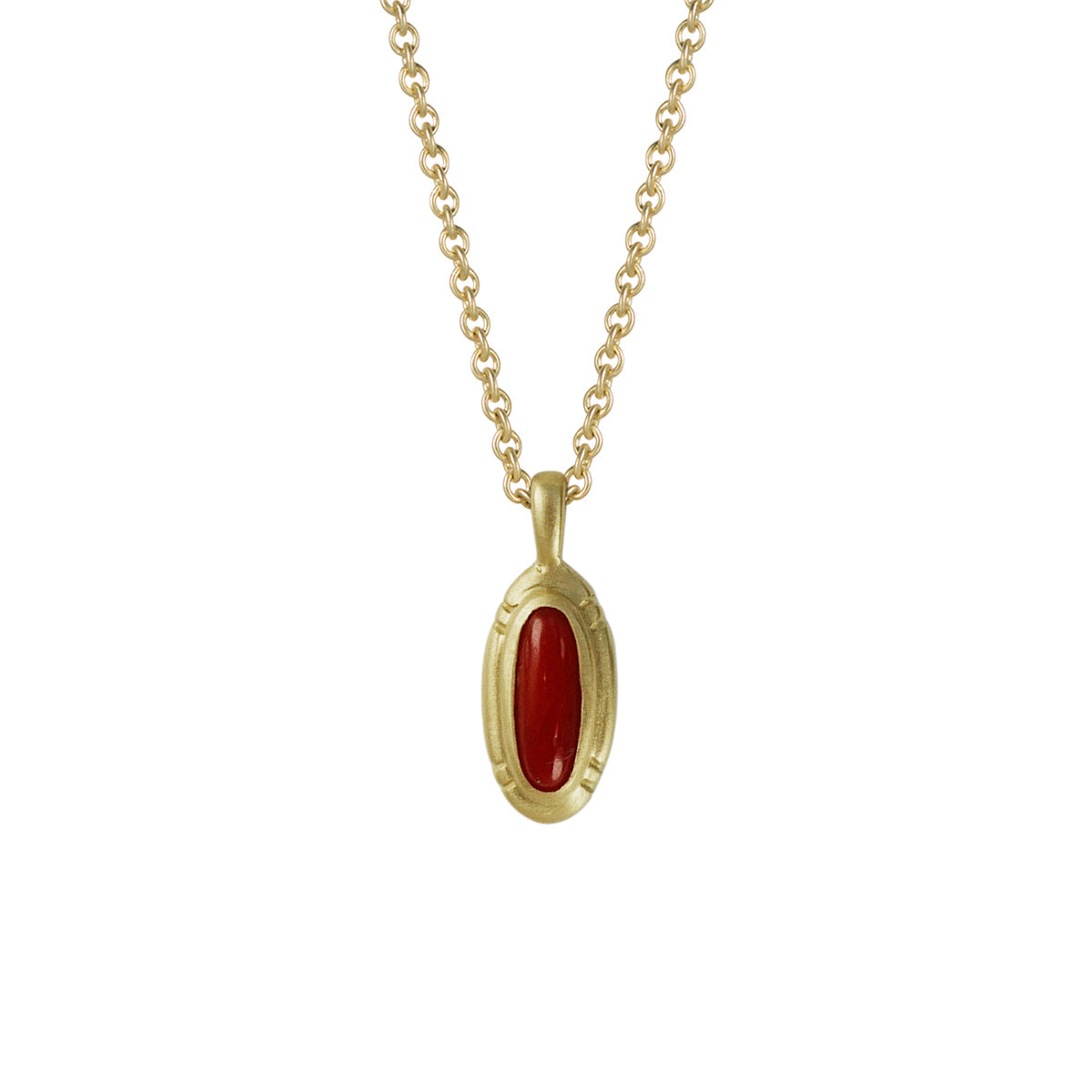 Small Etched Oval Vintage Oxblood Coral Pendant in 18K Gold