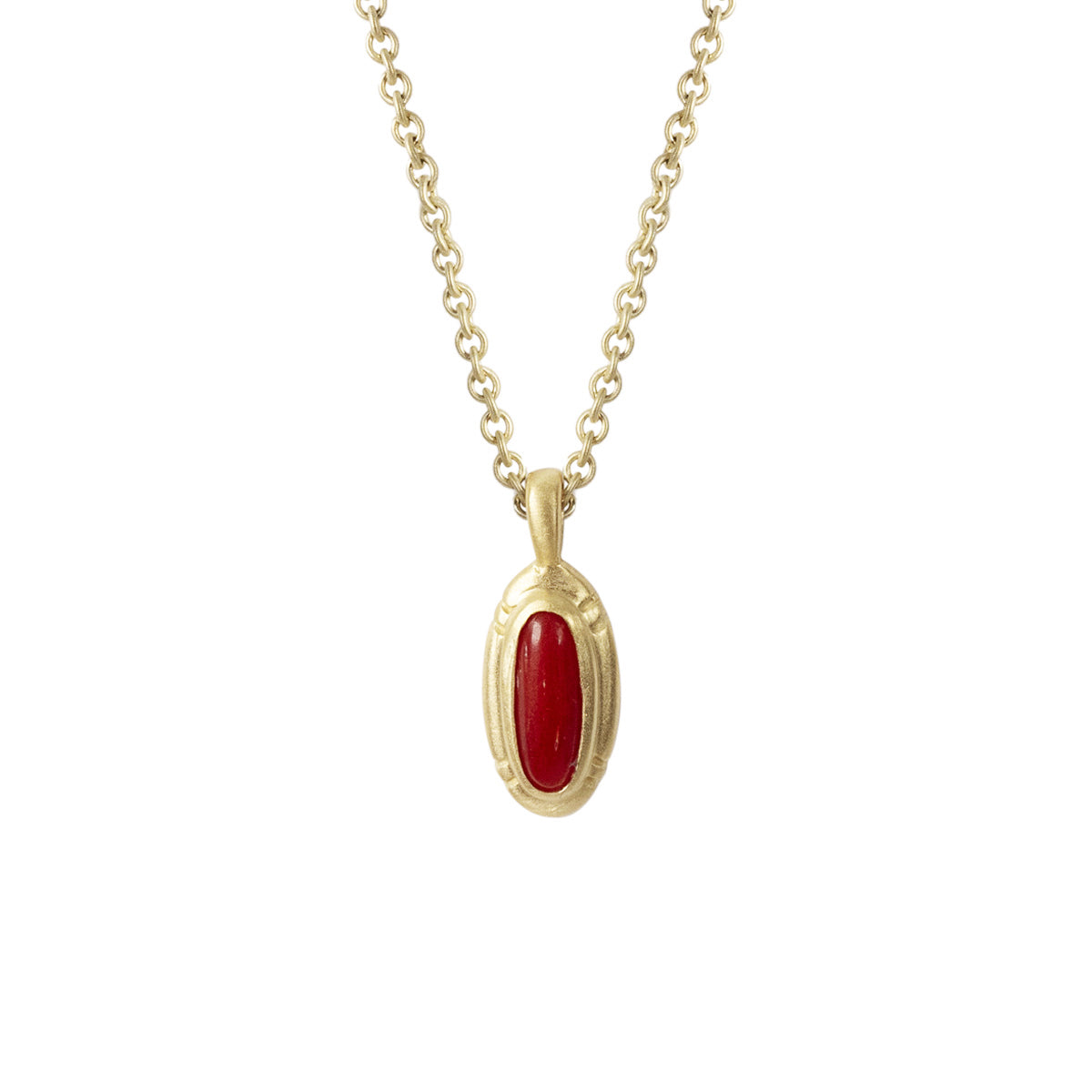 Small Etched Oval Vintage Oxblood Coral Pendant in 18K Gold