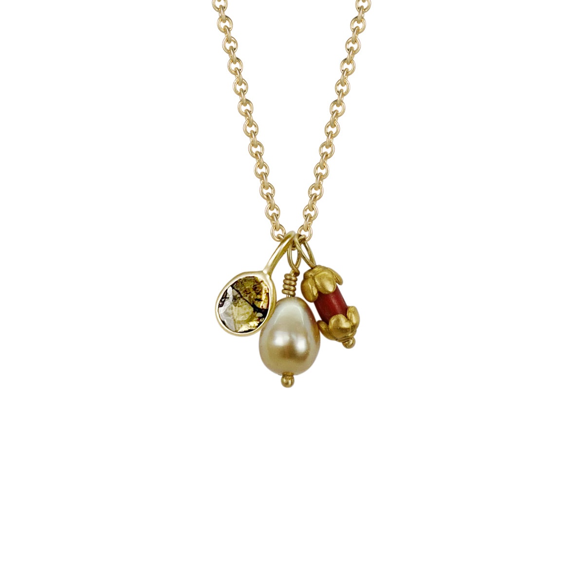Golden South Sea Keshi Pearl with Vintage Coral Beads Capped in 22K Gold & Natural Diamond Slice Pendant