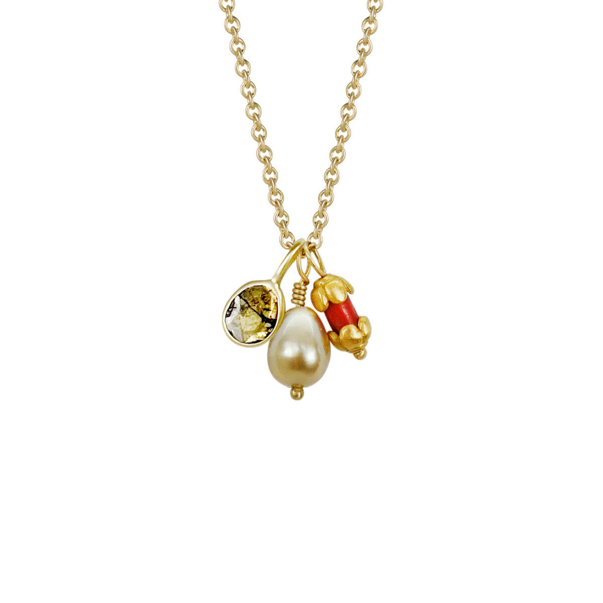 Golden South Sea Keshi Pearl with Vintage Coral Bead Capped in 22K Gold & Natural Diamond Slice Pendant