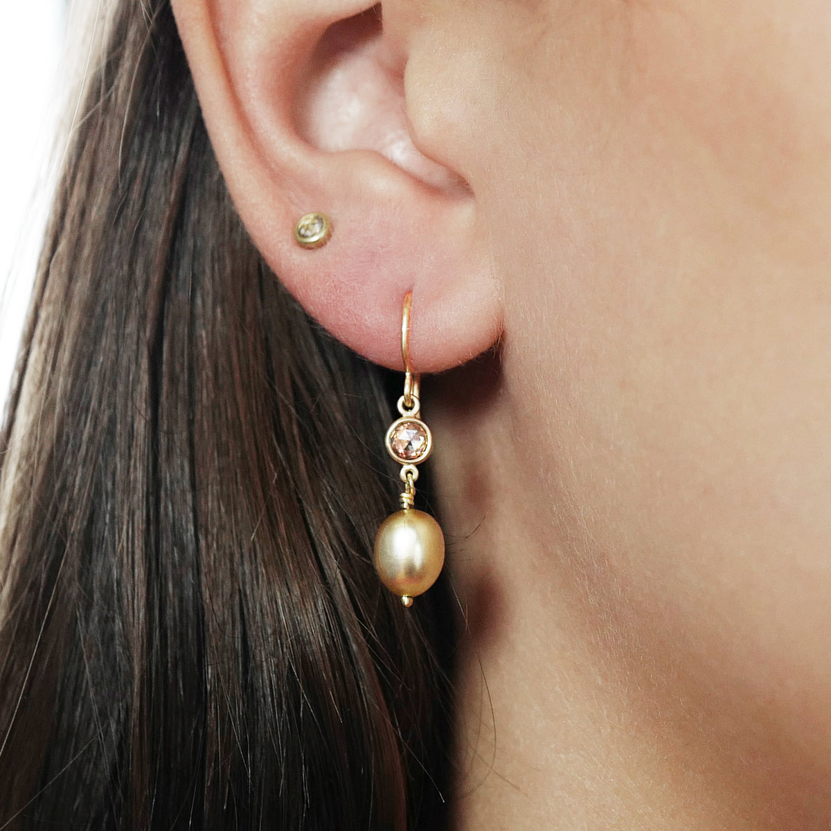 Golden South Sea Keshi Pearl Earrings with Brown Rose Cut Diamonds in 18K Gold