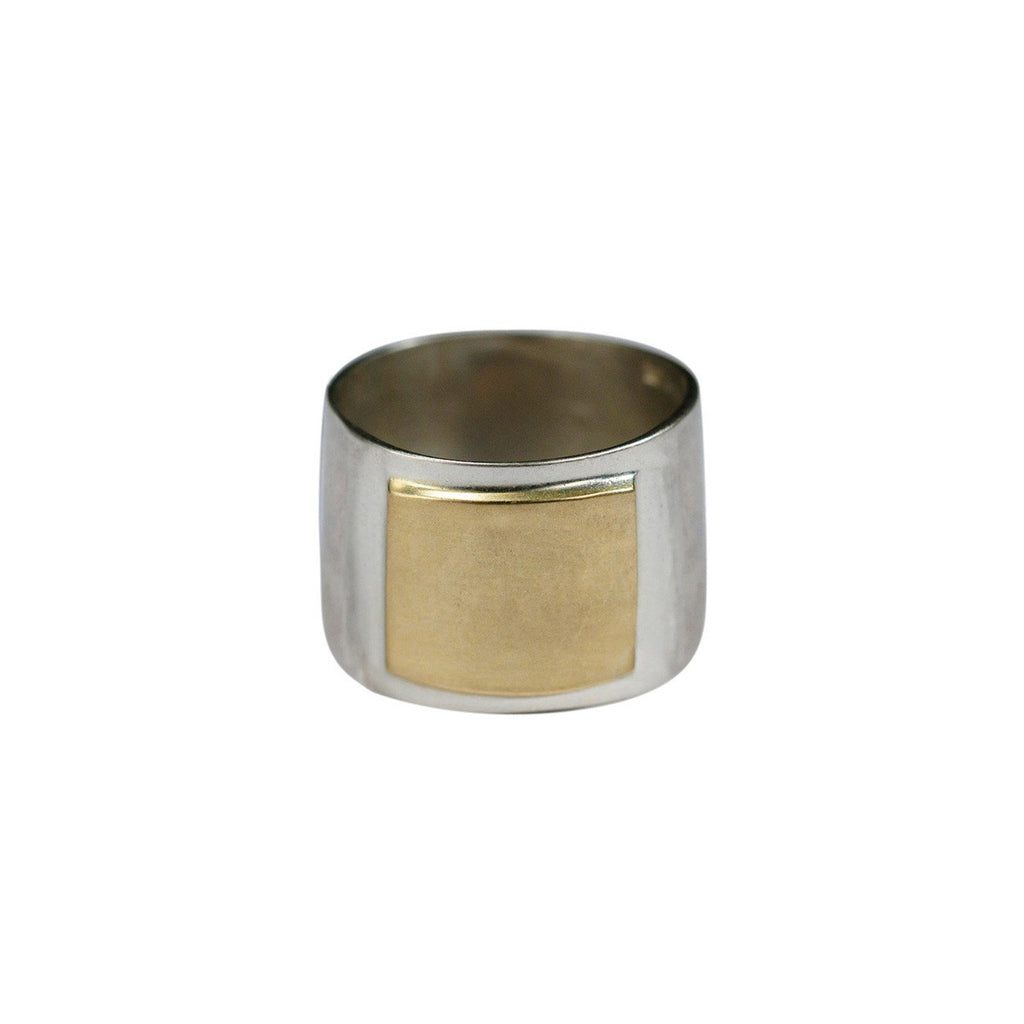 Sterling Silver Wide Flattened Ring with 10K Gold Square - Me&Ro