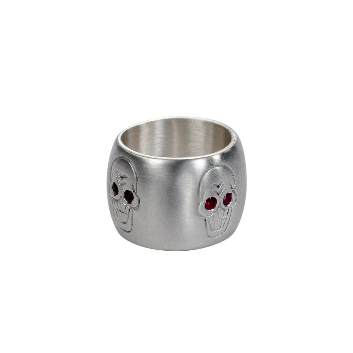 Men's Sterling Silver Wide Skull Band with Ruby Eyes