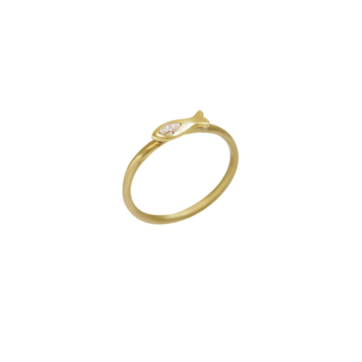 18K Gold Tiny Fish Ring with Marquise Diamond