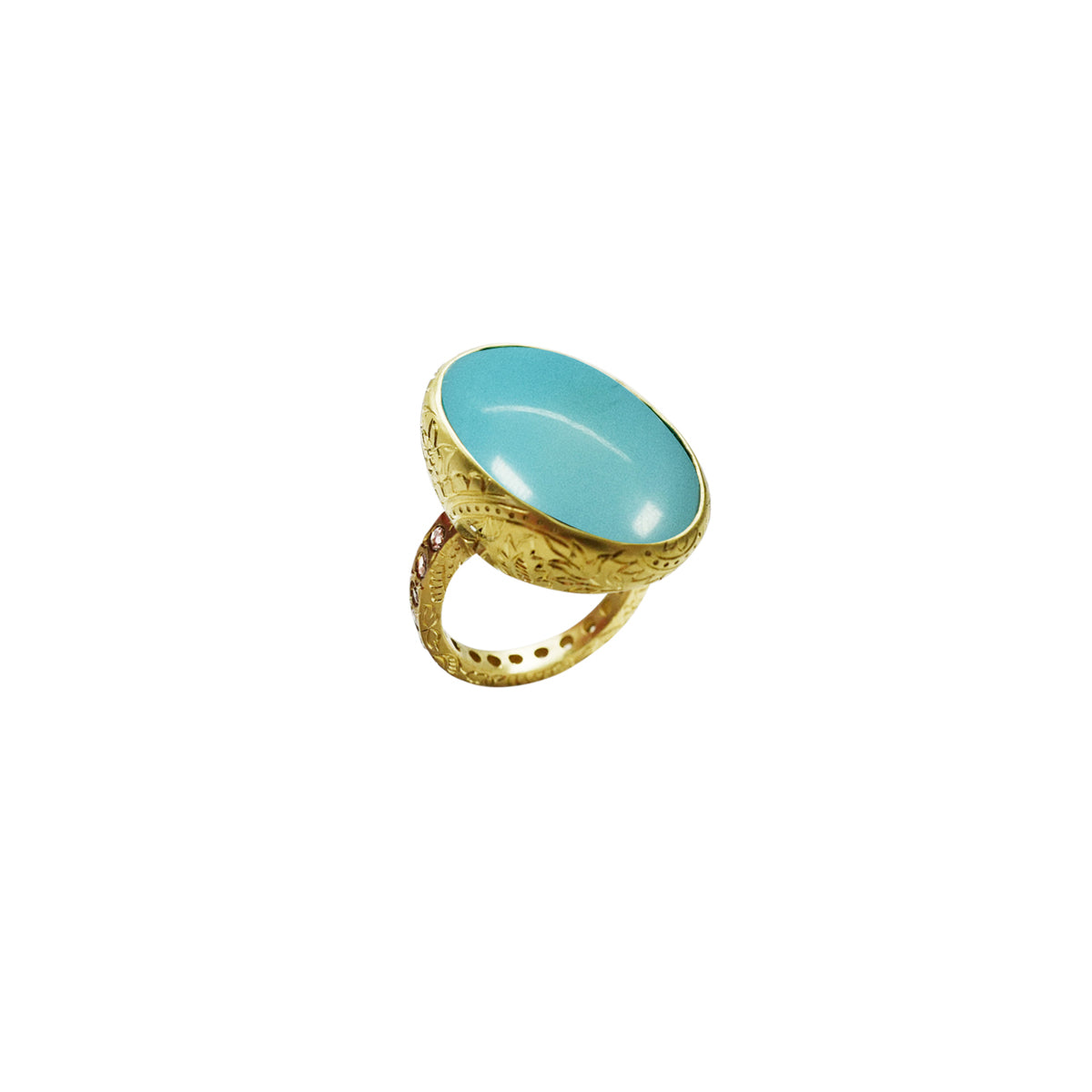 Sleeping Beauty Turquoise Paisley Ring with Natural White Rose Cut Diamonds in 18K Gold