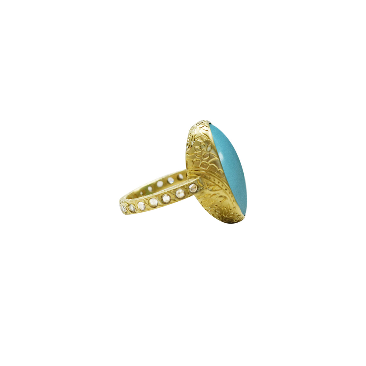 Sleeping Beauty Turquoise Paisley Ring with Natural White Rose Cut Diamonds in 18K Gold