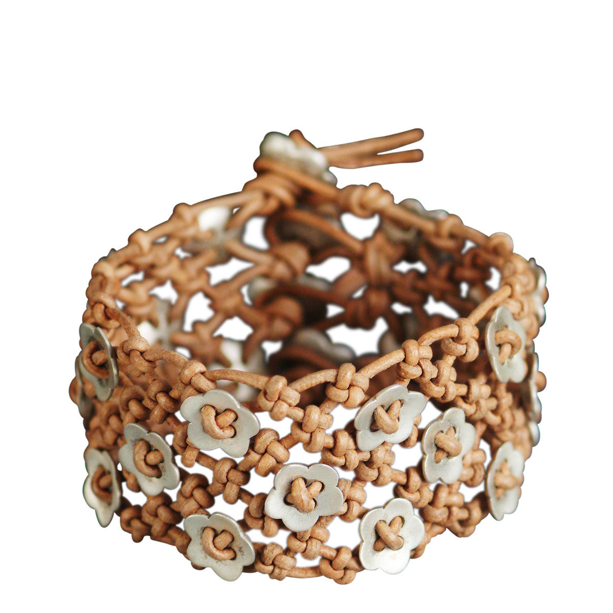 Sterling Silver Wide Woven Flower Bracelet on Natural Leather