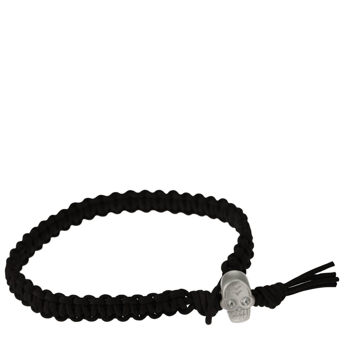 Men's Sterling Silver Macramé Skull Bracelet on Black Leather Cord