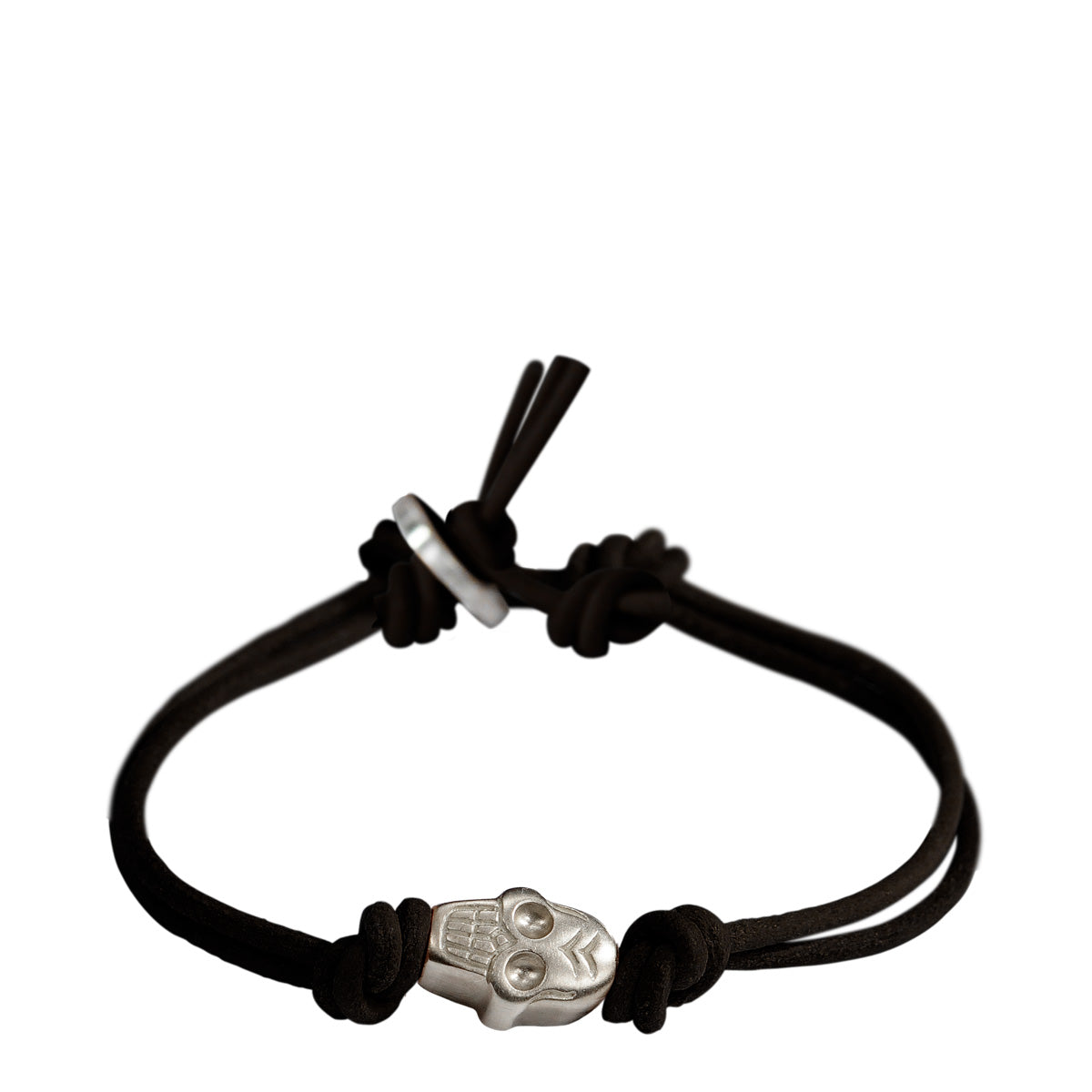 Men&#39;s Sterling Silver Single Large Skull Bracelet on Black Leather Cord with Button Closure