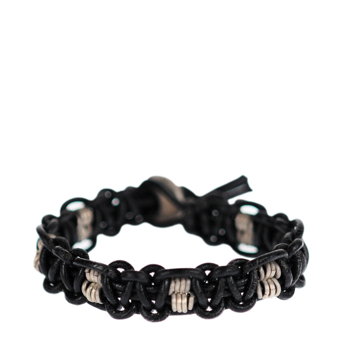 Men's Sterling Silver Woven Black Leather Bracelet with Button