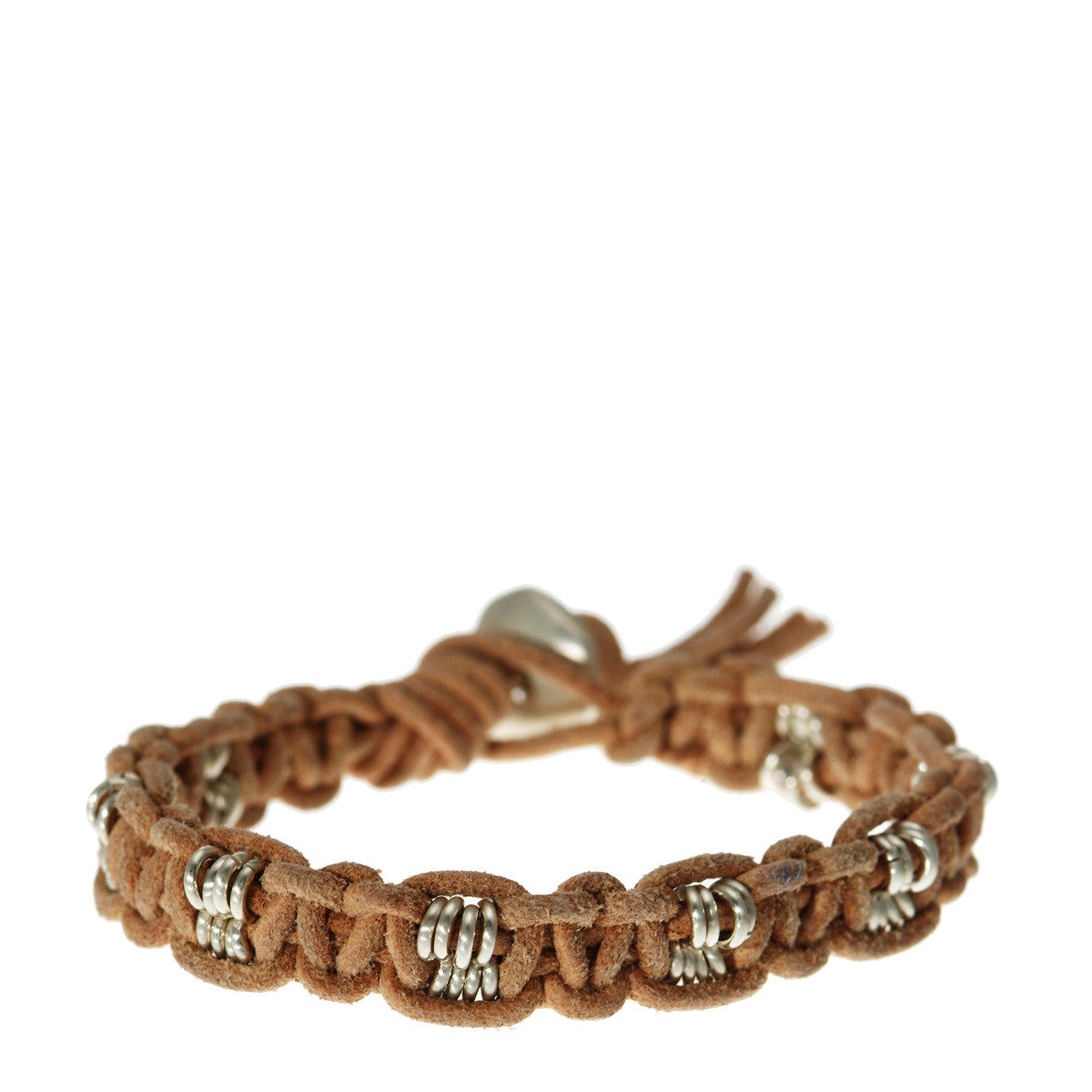 Sterling Silver Woven Natural Leather Bracelet with Button