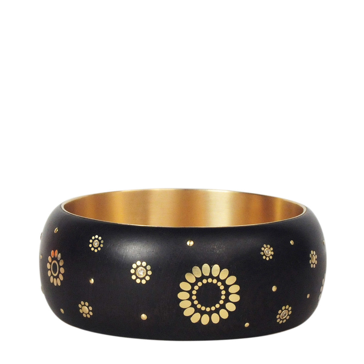 18K Gold Wide Ebony Bangle with Inlaid Gold Flowers and Diamonds
