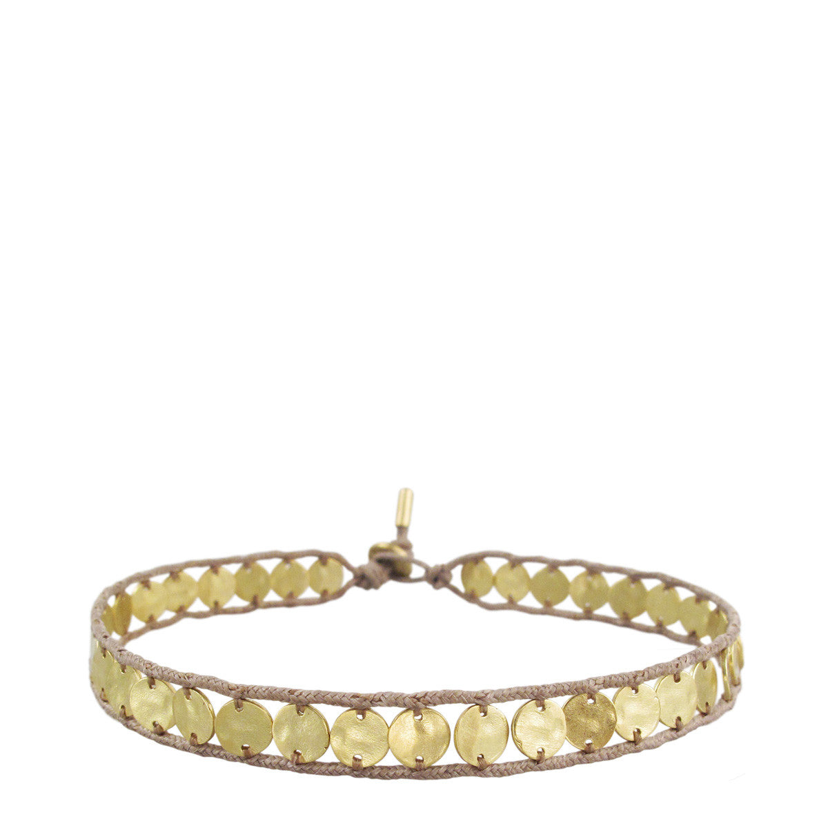 18K Gold Small Hammered Disc Bracelet on Cord